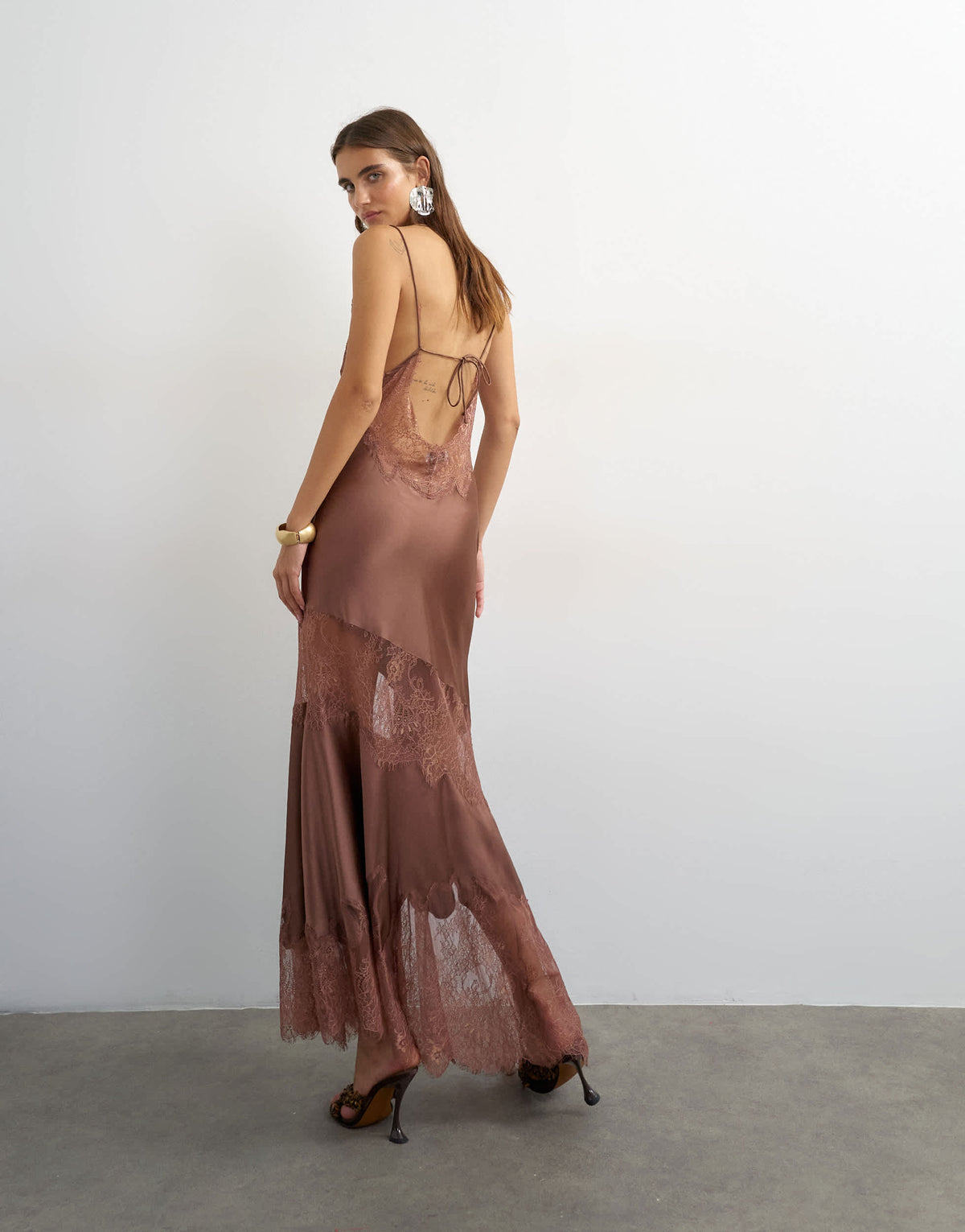 Topshop satin v neck maxi slip dress with lace inserts in mole