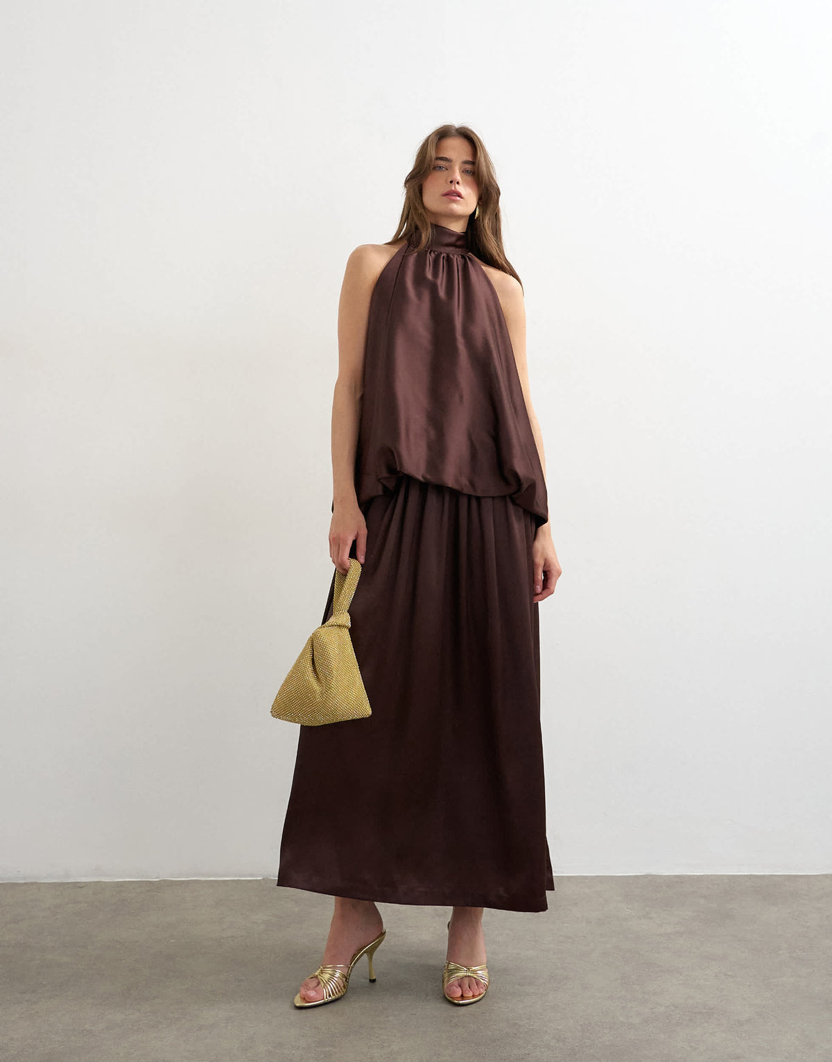 Topshop halter neck voluminous blouson maxi dress in chocolate