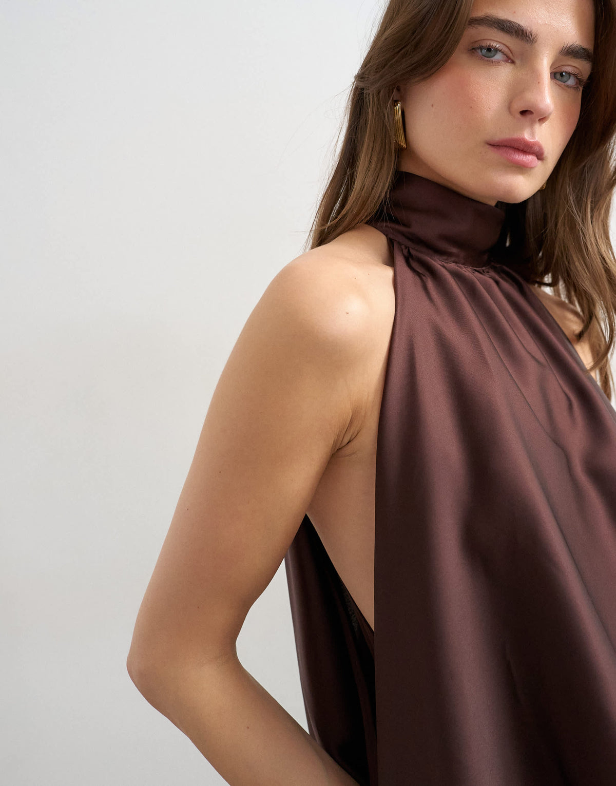 Topshop halter neck voluminous blouson maxi dress in chocolate
