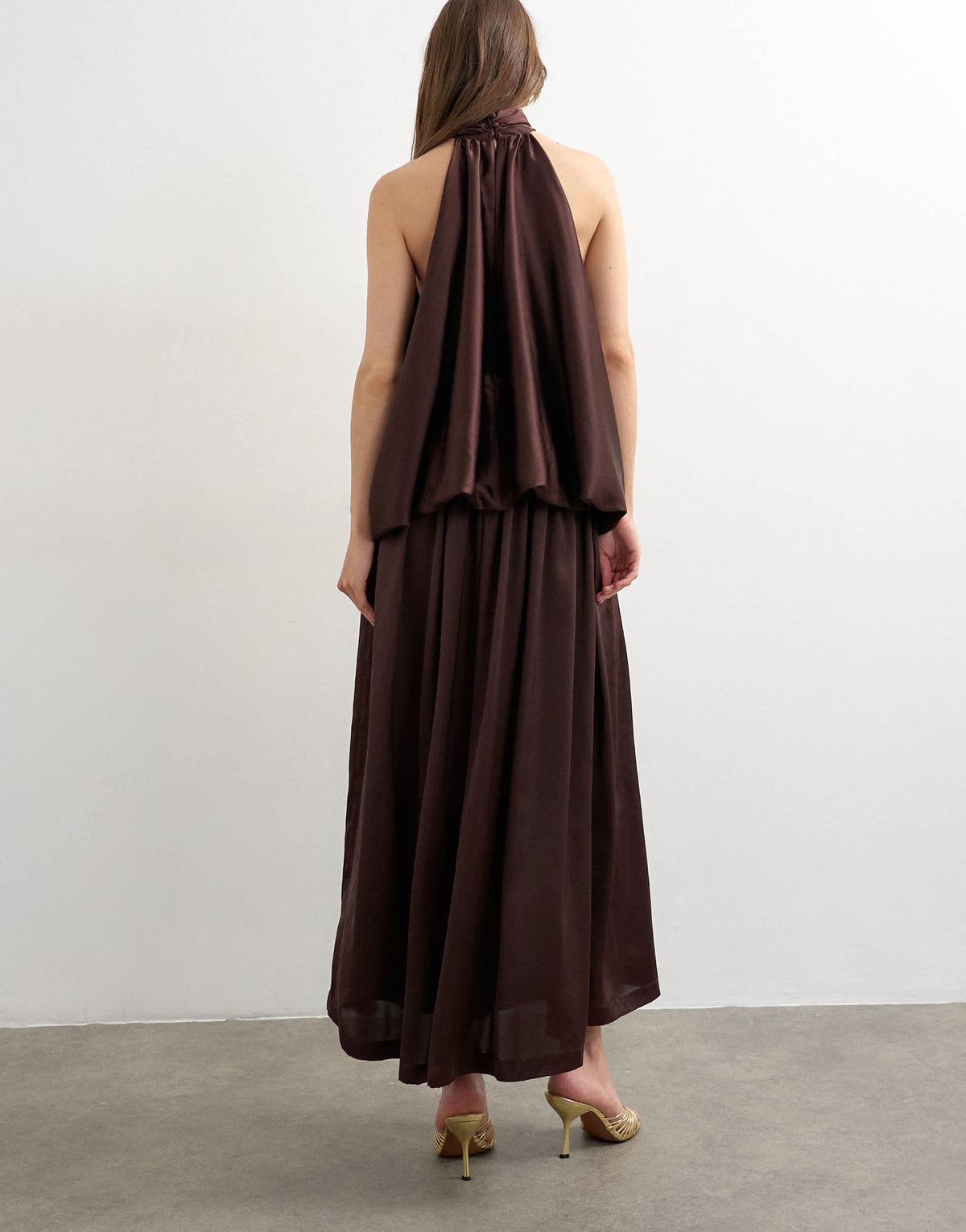 Topshop halter neck voluminous blouson maxi dress in chocolate