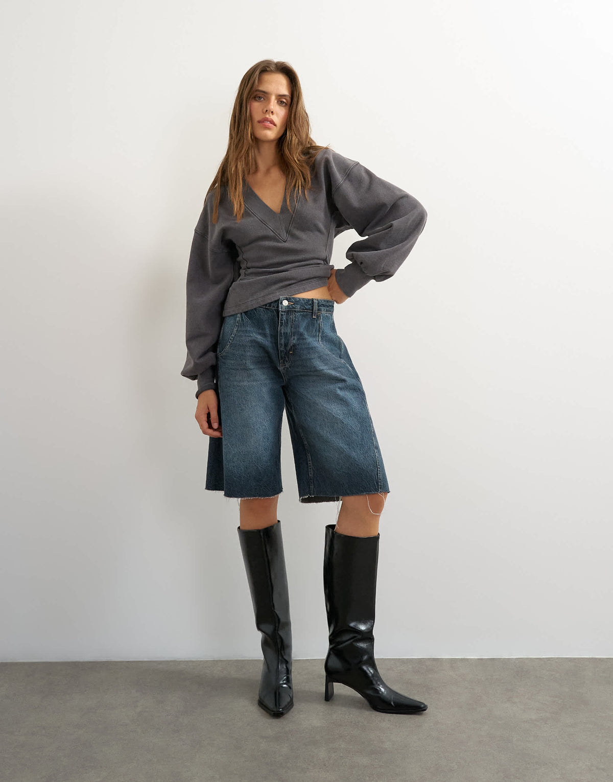Topshop v-neck cinch waist sweat in black