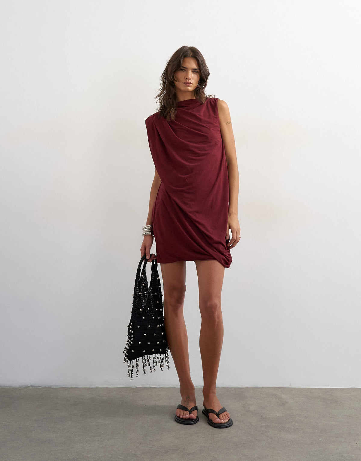 Topshop high neck mesh draped mini dress in burgundy