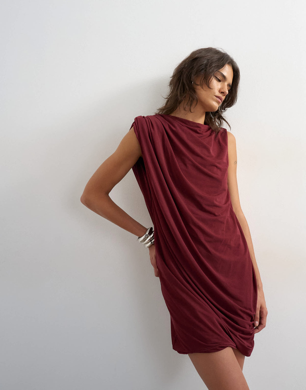 Topshop high neck mesh draped mini dress in burgundy