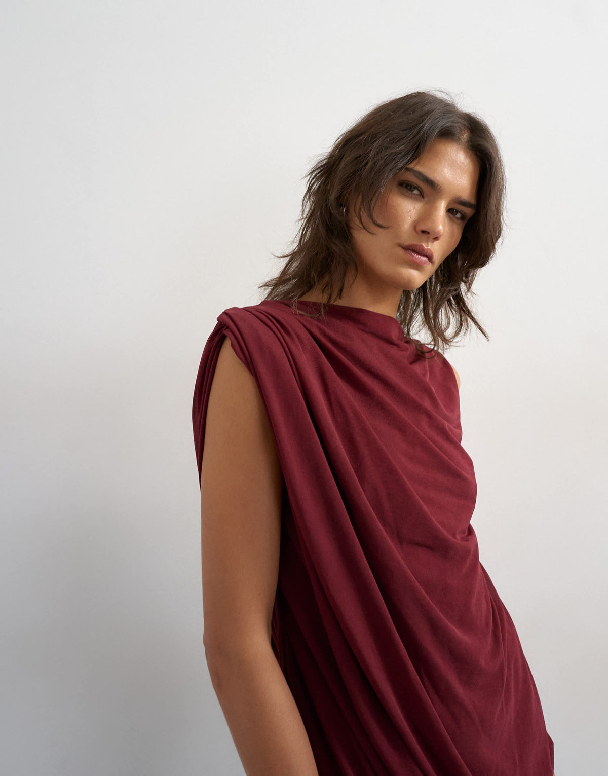 Topshop high neck mesh draped mini dress in burgundy