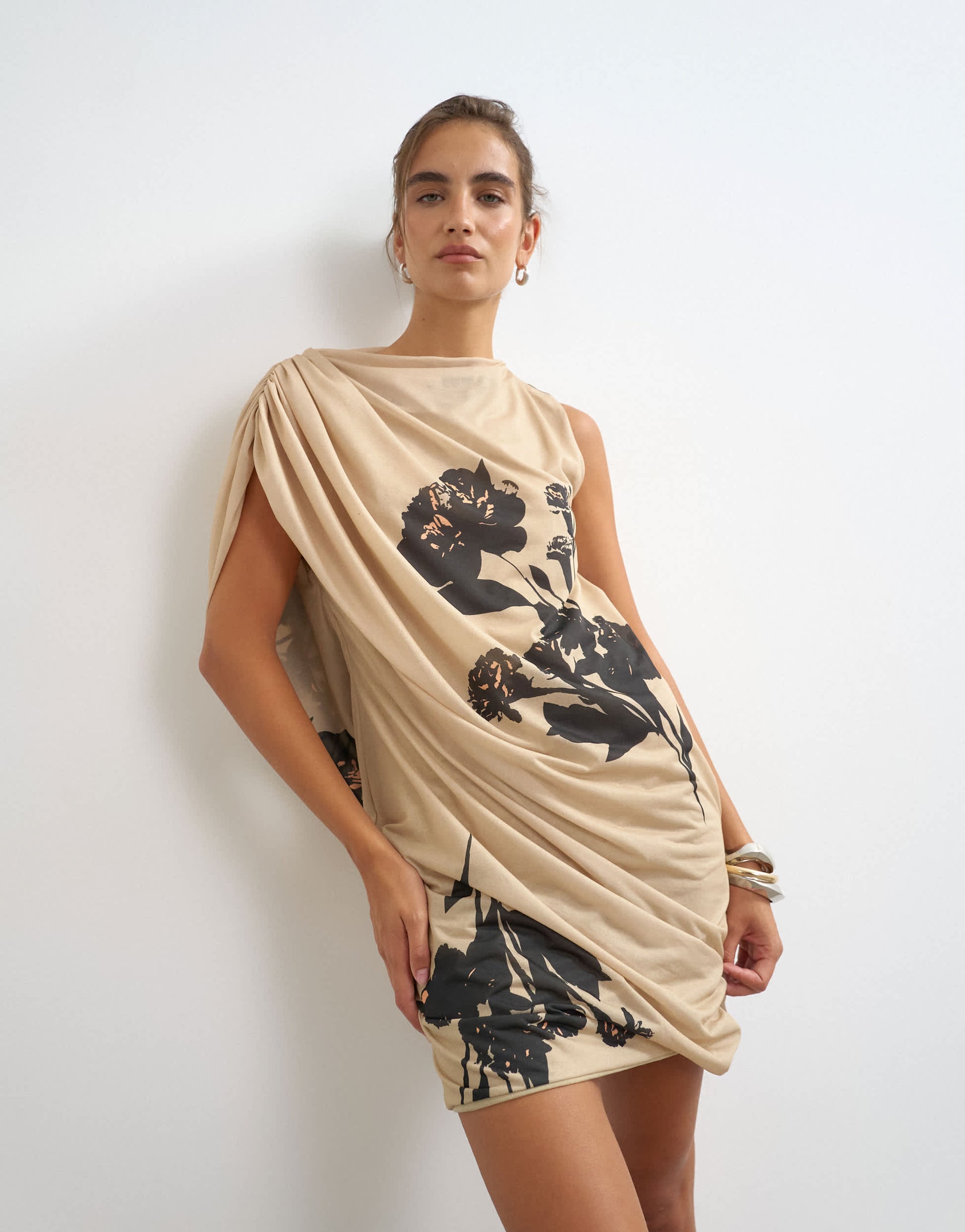 Topshop high neck mesh floral print draped mini dress in beige