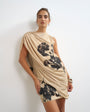 Topshop high neck mesh floral print draped mini dress in beige