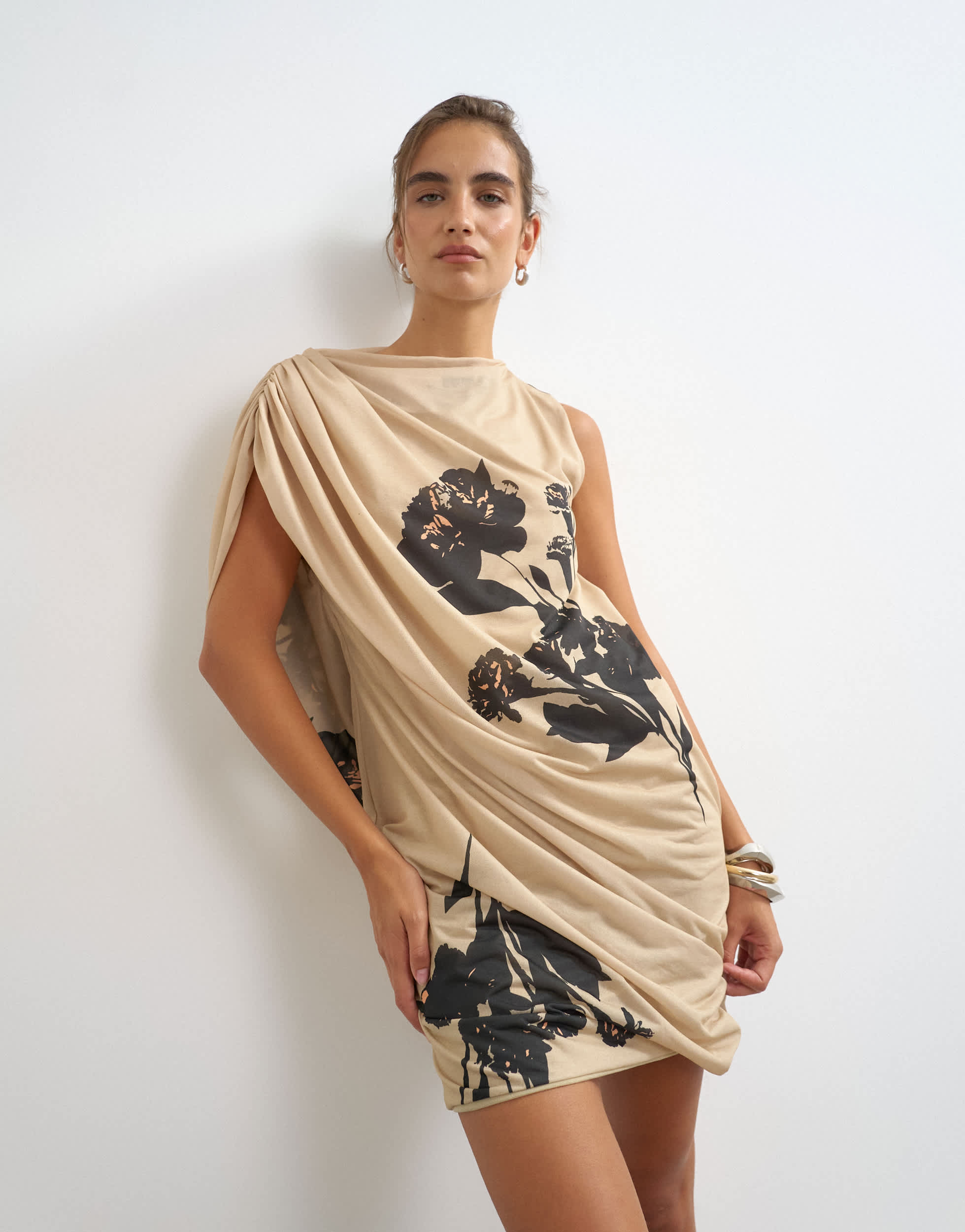 Topshop high neck mesh floral print draped mini dress in beige
