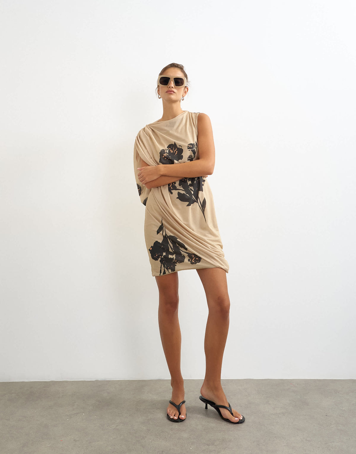Topshop high neck mesh floral print draped mini dress in beige
