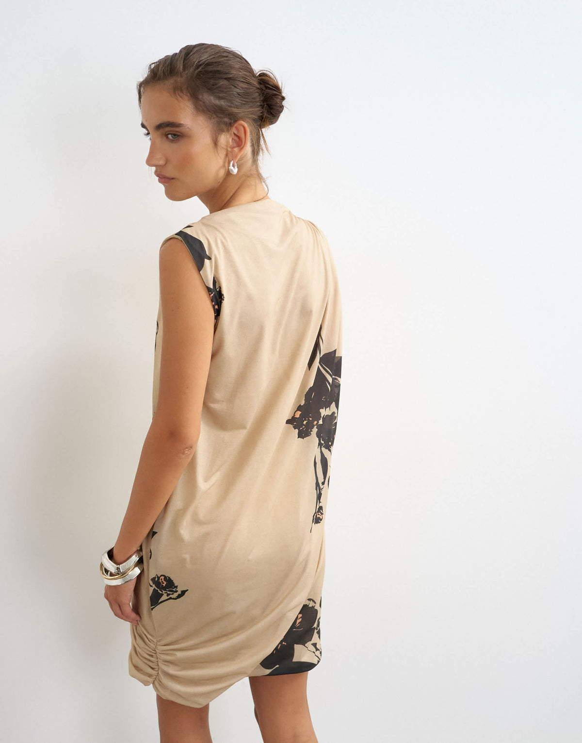 Topshop high neck mesh floral print draped mini dress in beige
