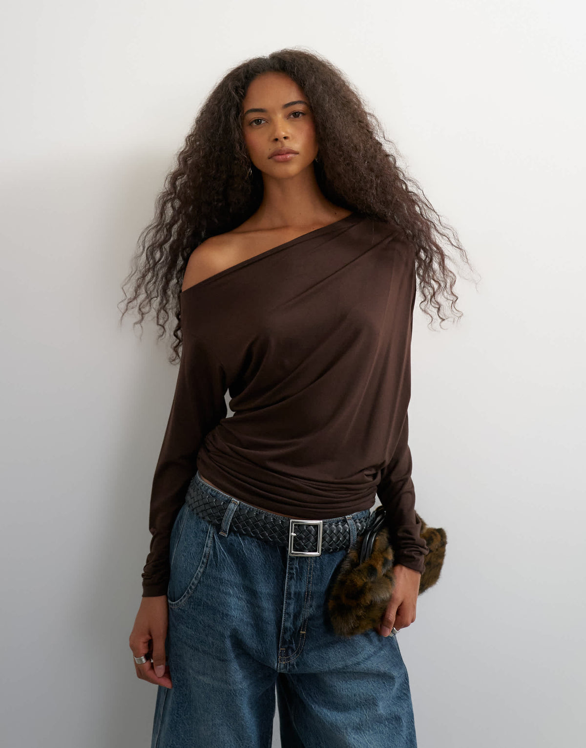 Topshop off shoulder long sleeve top in deep mahogany