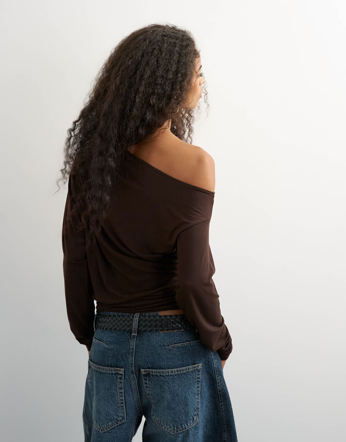 Topshop off shoulder long sleeve top in deep mahogany
