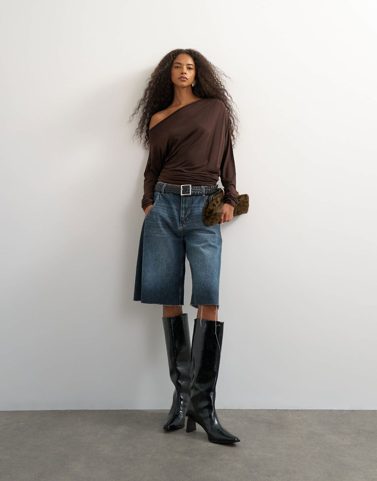 Topshop off shoulder long sleeve top in deep mahogany