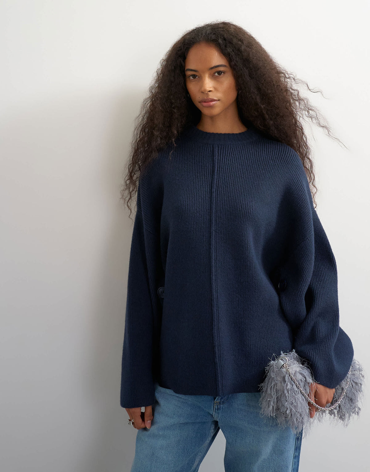 Topshop knitted boxy wide sleeve button detail jumper in navy