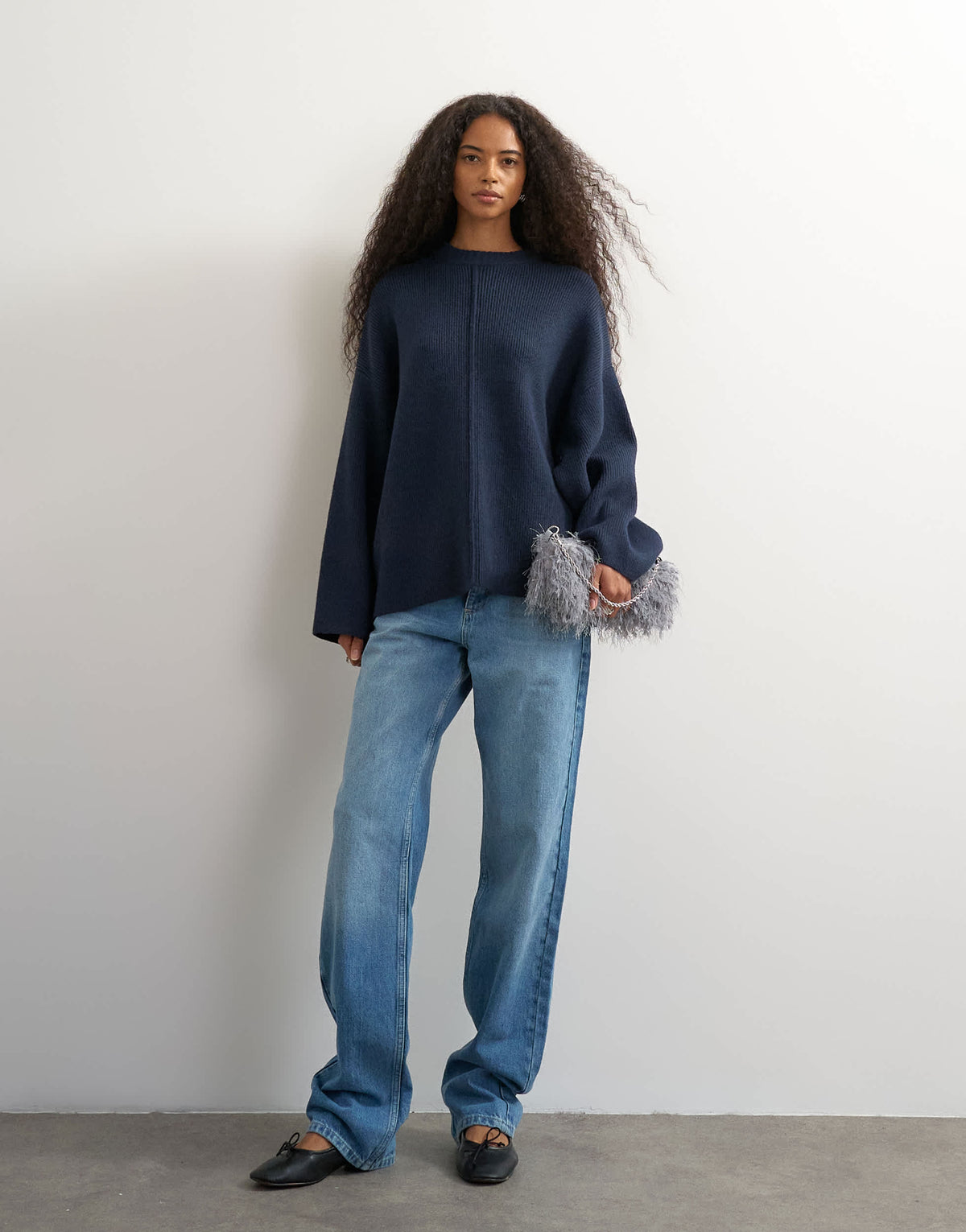 Topshop knitted boxy wide sleeve button detail jumper in navy