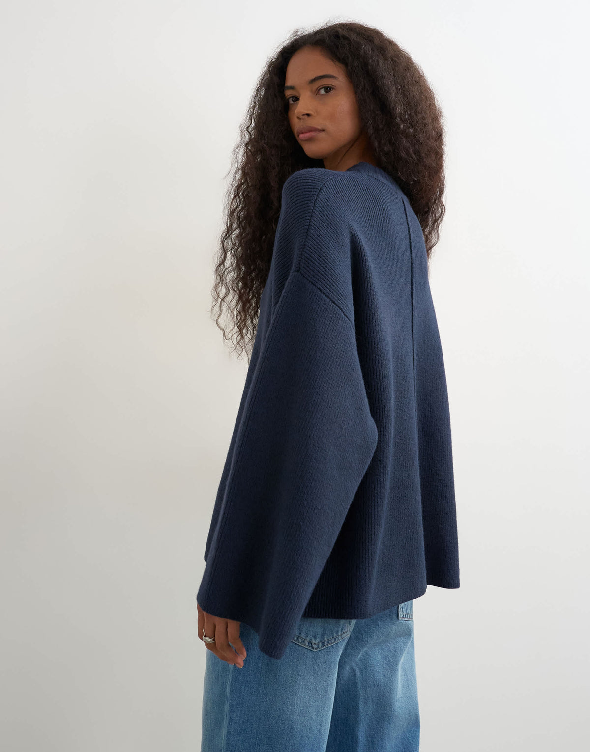 Topshop knitted boxy wide sleeve button detail jumper in navy