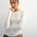 Topshop premium rib ruched asymmetric hem long sleeve top in white