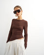 Topshop premium rib ruched asymmetric hem long sleeve top in chocolate