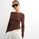 Topshop premium rib ruched asymmetric hem long sleeve top in chocolate