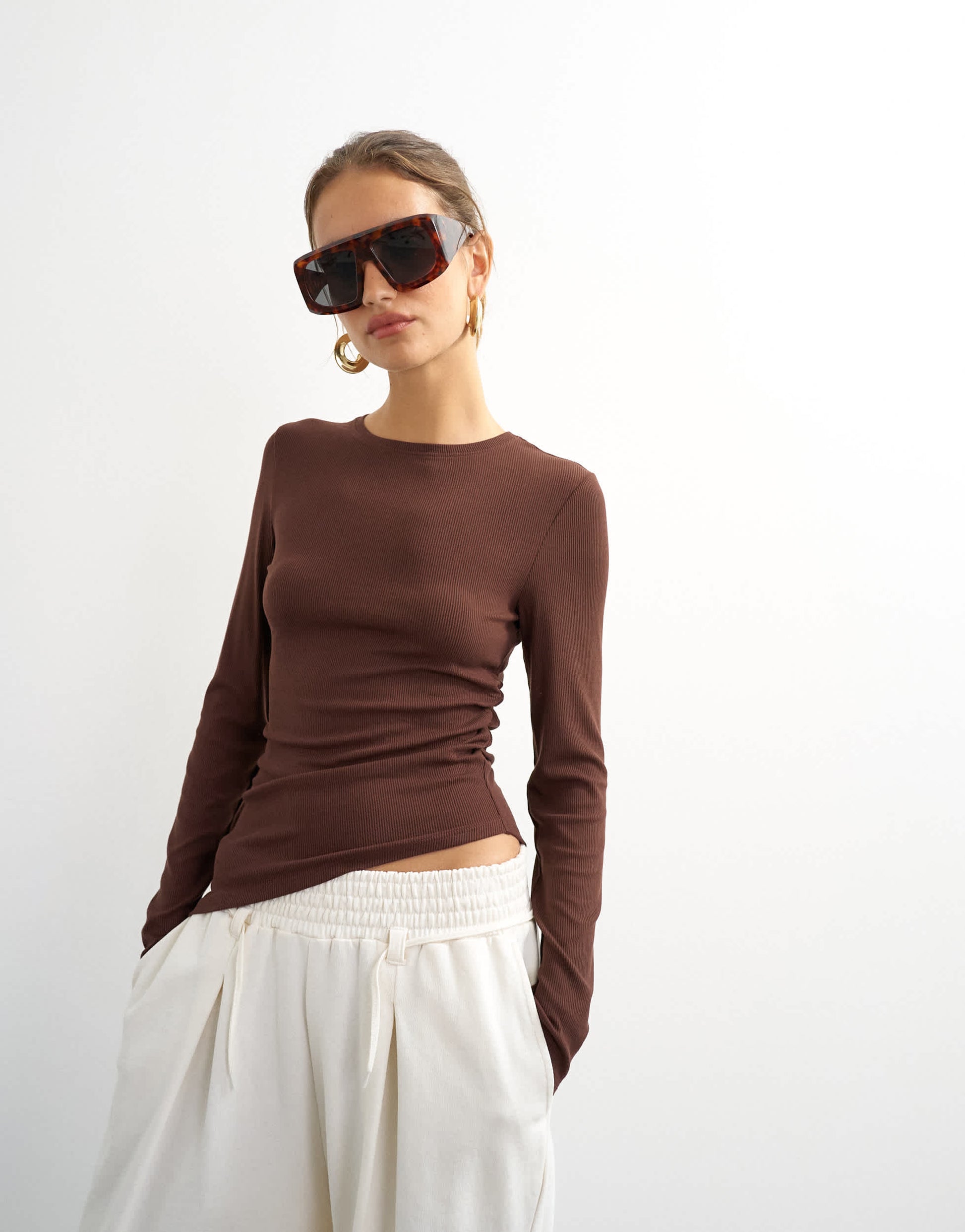 Topshop premium rib ruched asymmetric hem long sleeve top in chocolate