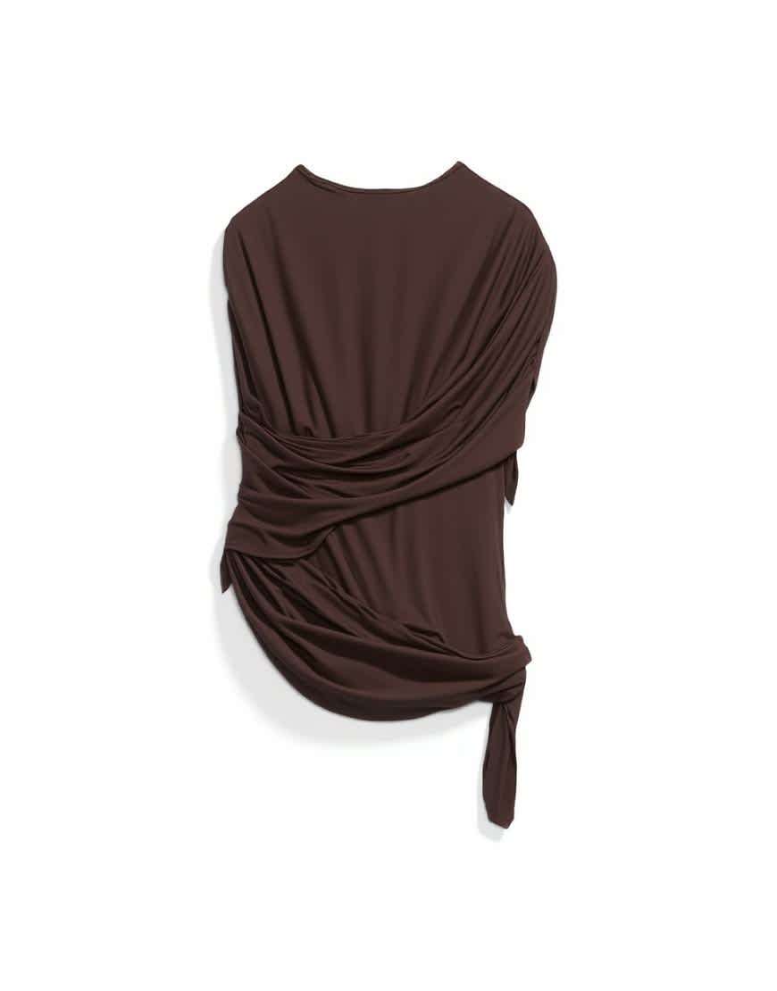 Topshop draped wrap high cap sleeve top in chocolate brown