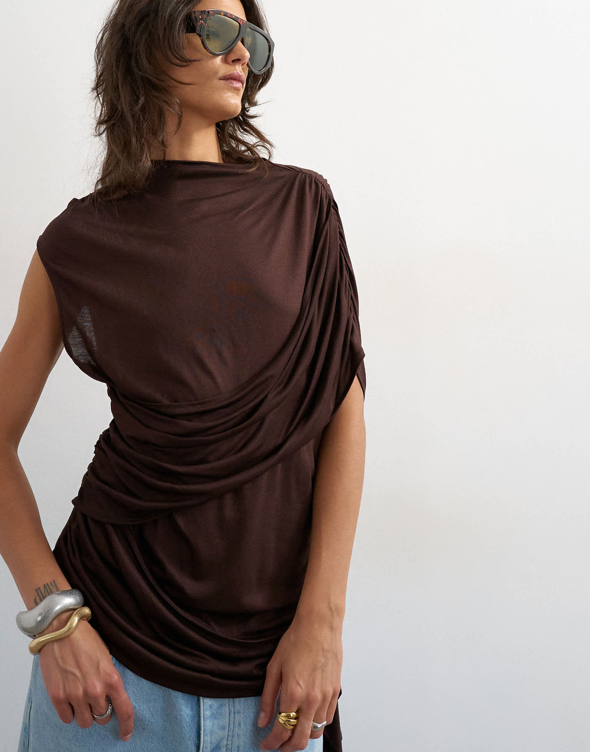 Topshop draped wrap high cap sleeve top in chocolate brown