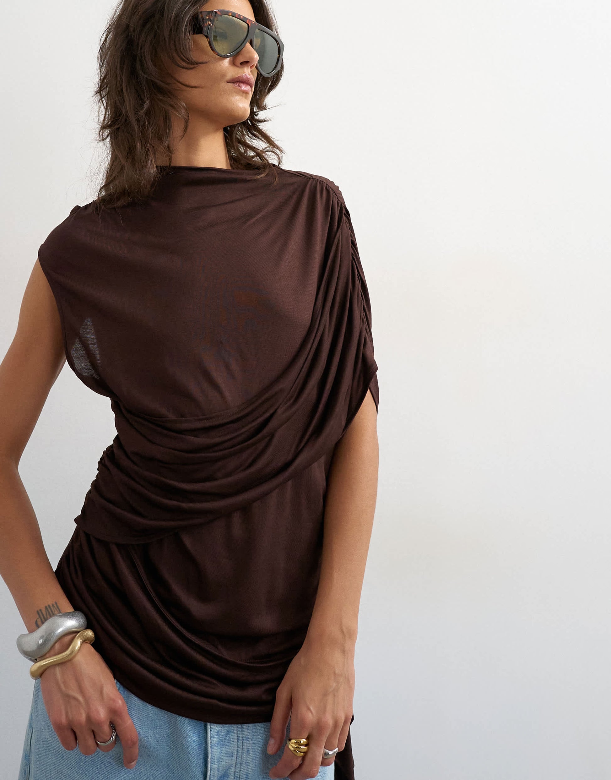 Topshop draped wrap high cap sleeve top in chocolate brown