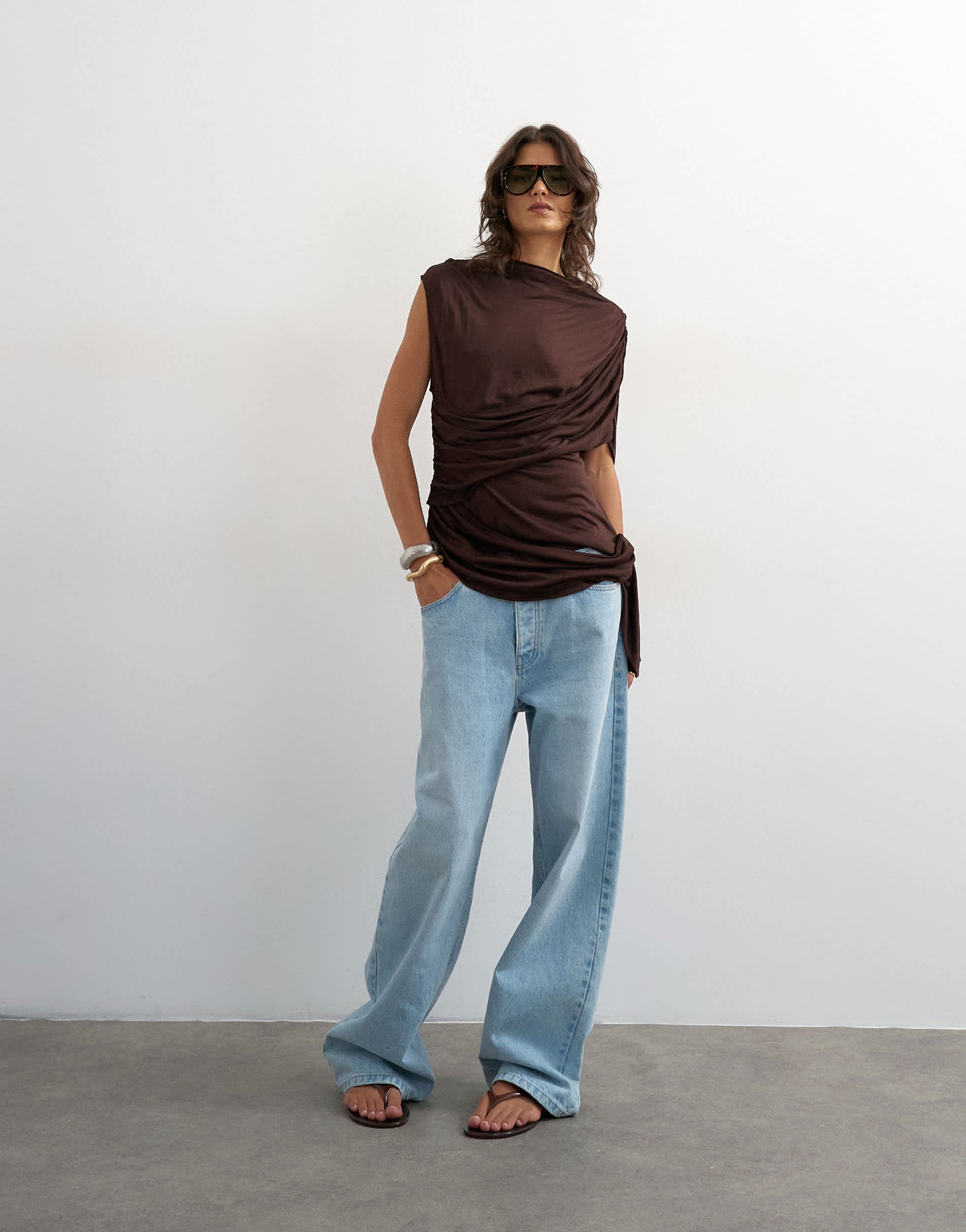 Topshop draped wrap high cap sleeve top in chocolate brown