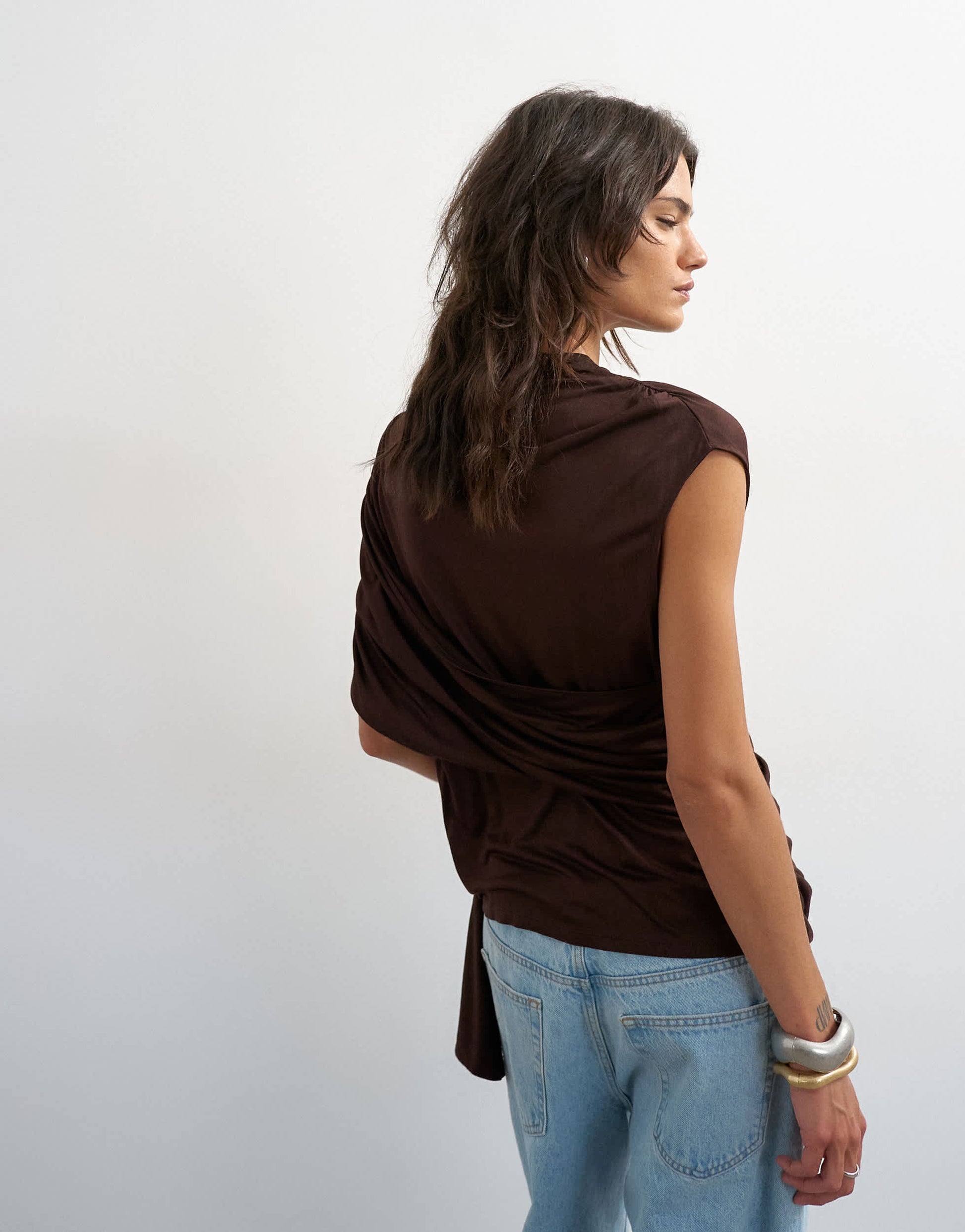 Topshop draped wrap high cap sleeve top in chocolate brown