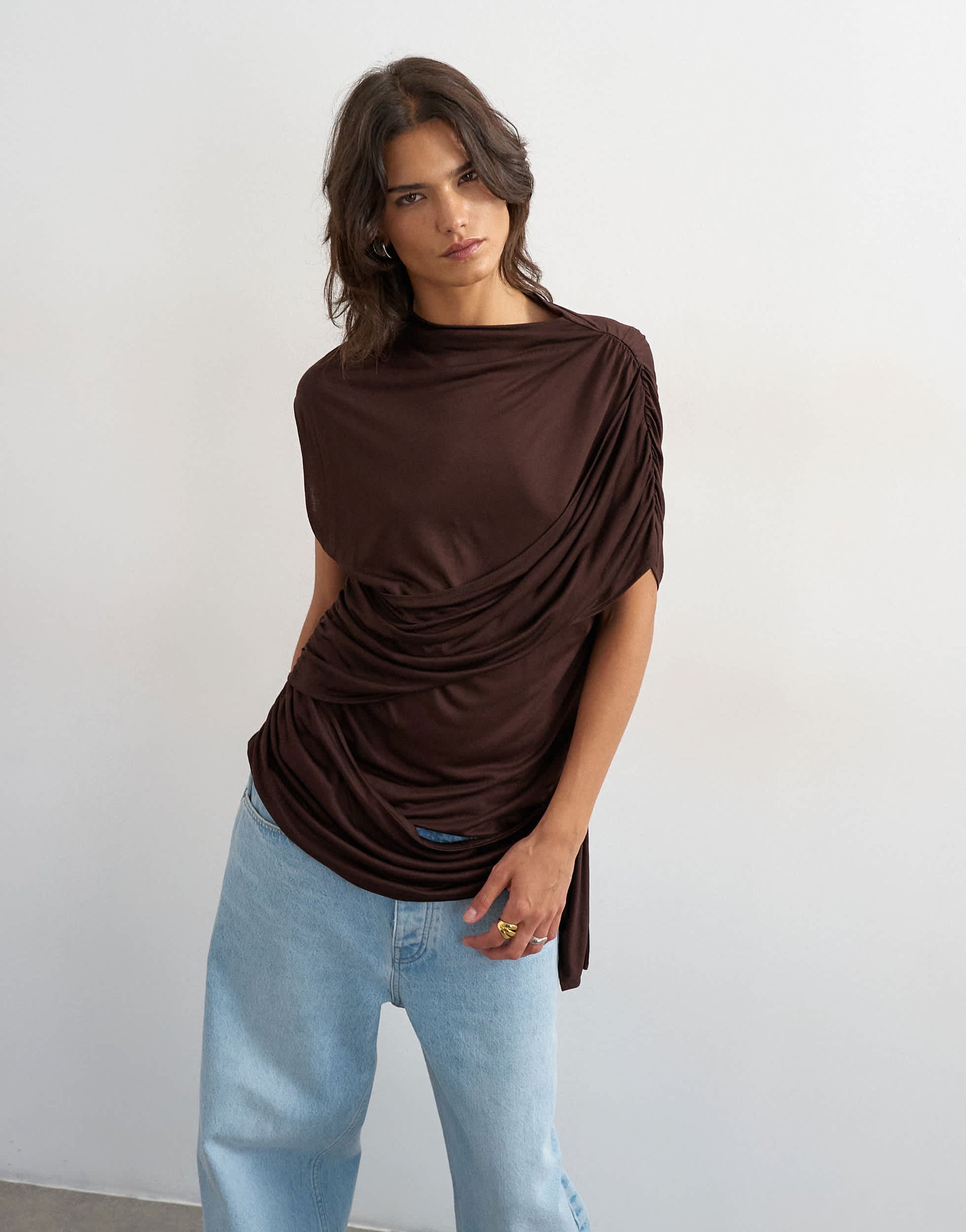 Topshop draped wrap high cap sleeve top in chocolate brown