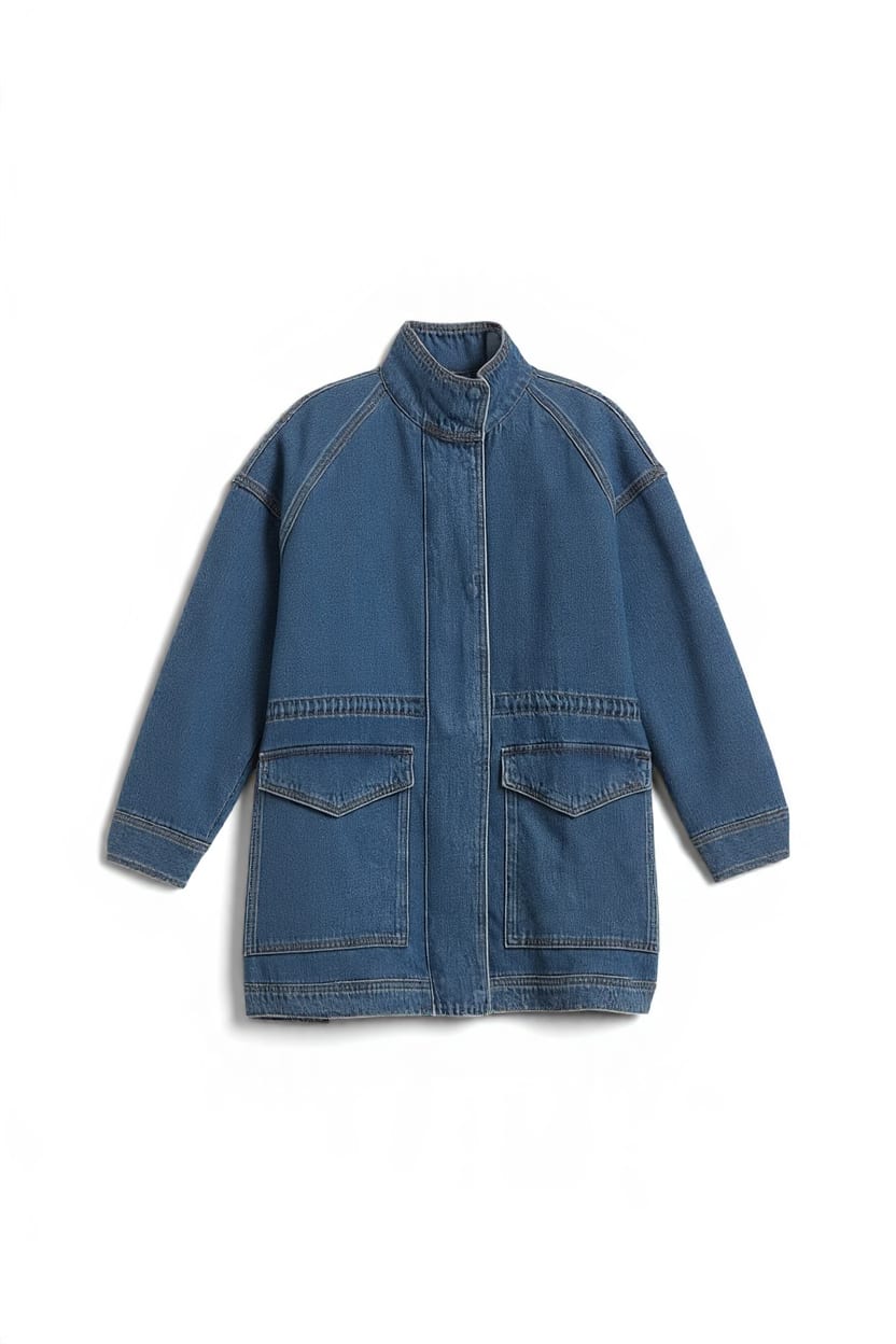 Topshop denim oversized jacket with elasticated waist detail in mid blue