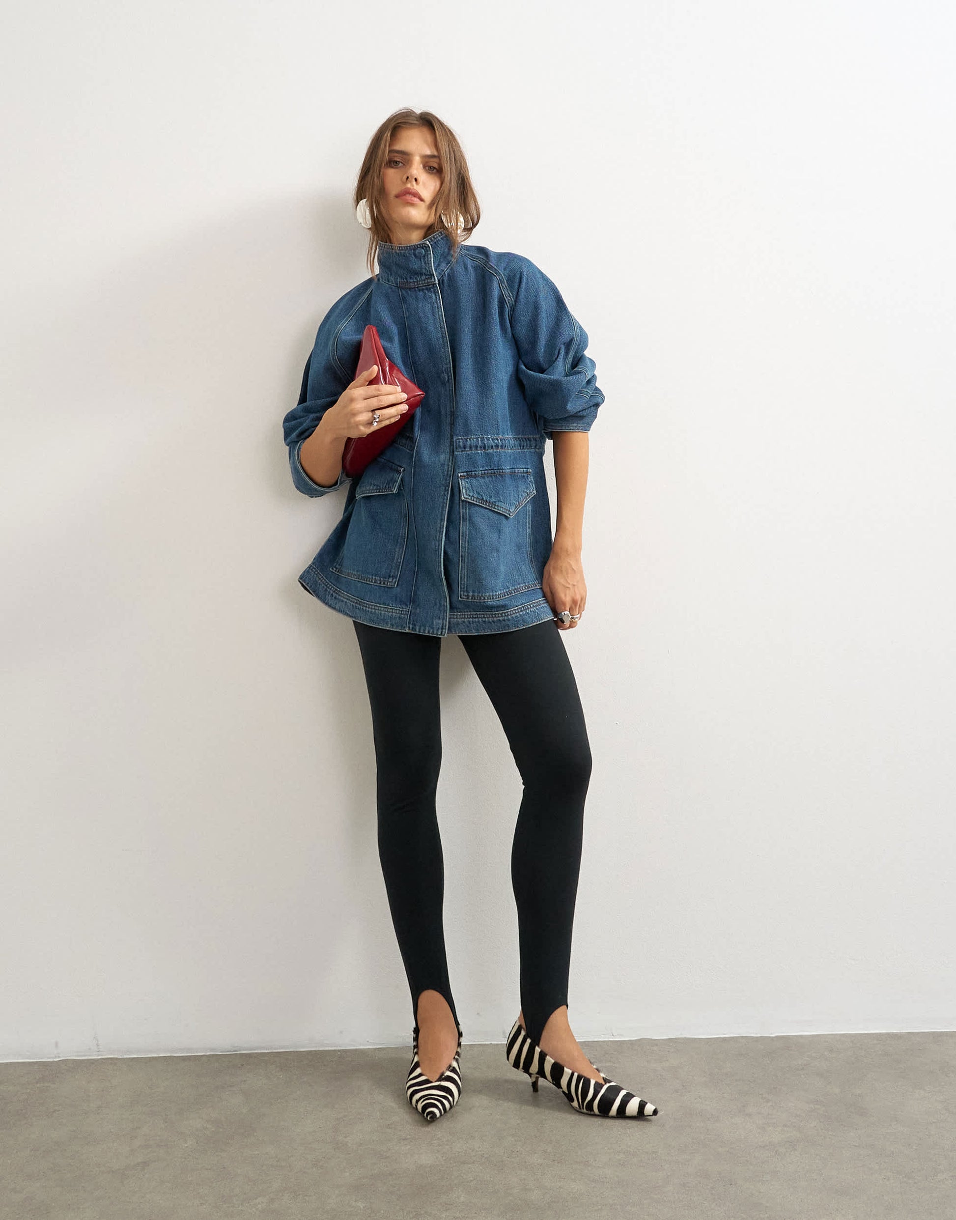 Topshop denim oversized jacket with elasticated waist detail in mid blue