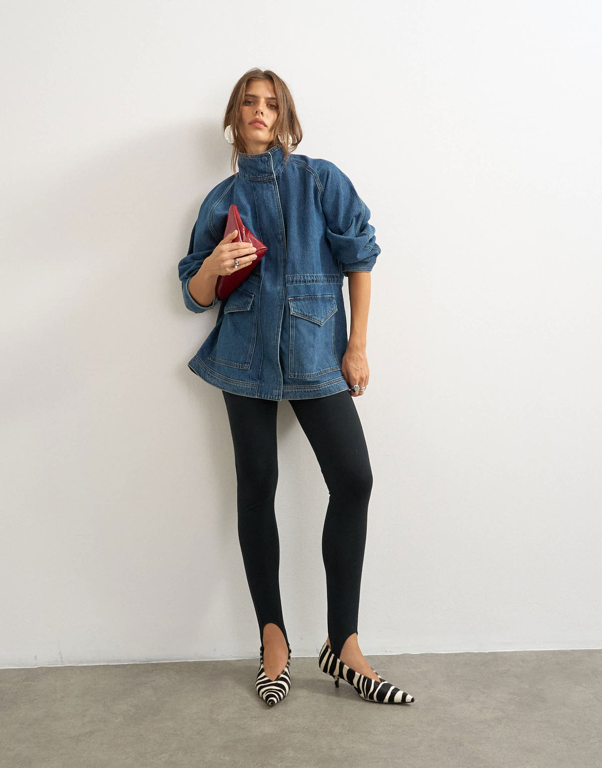 Topshop denim oversized jacket with elasticated waist detail in mid blue