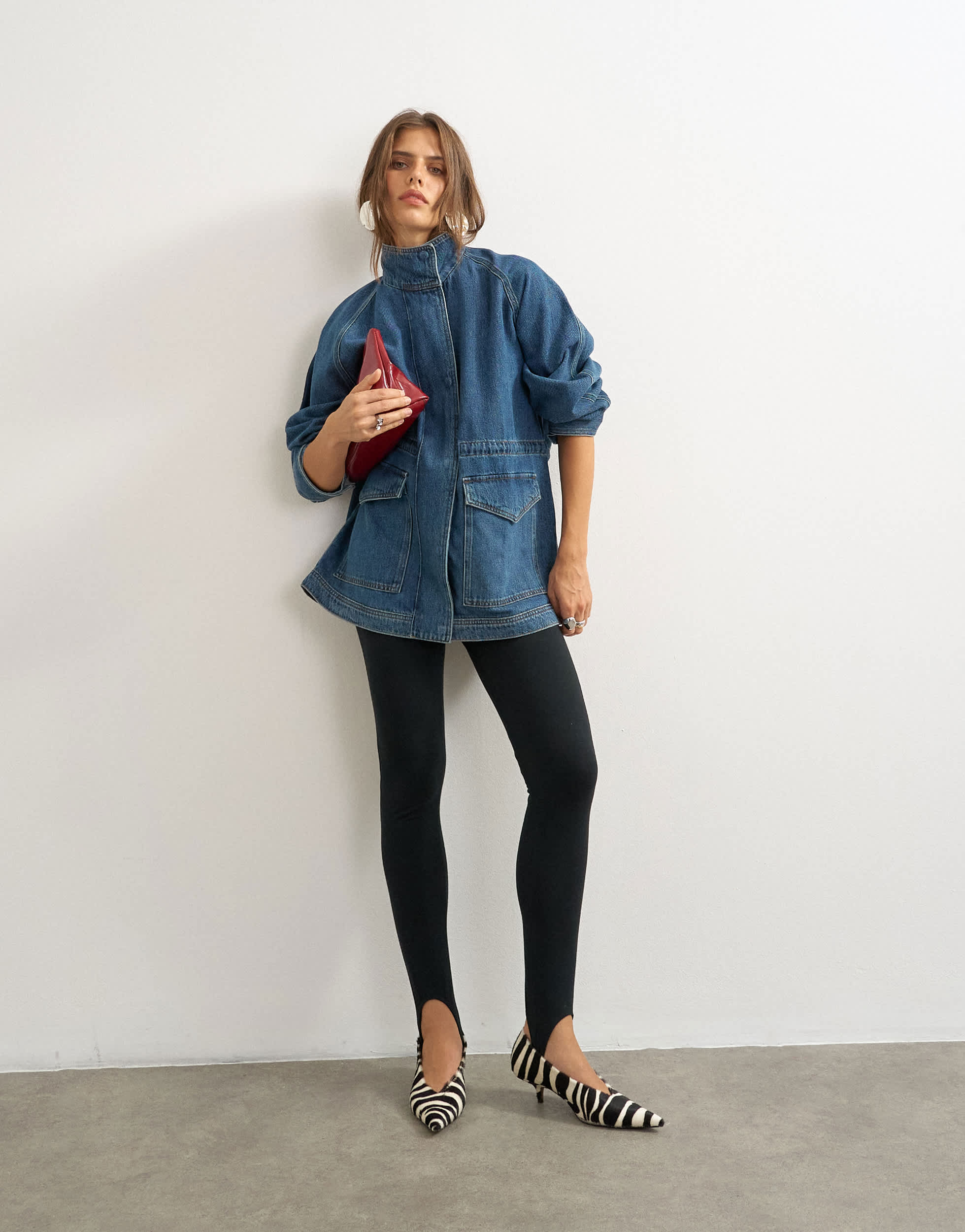 Topshop denim oversized jacket with elasticated waist detail in mid blue