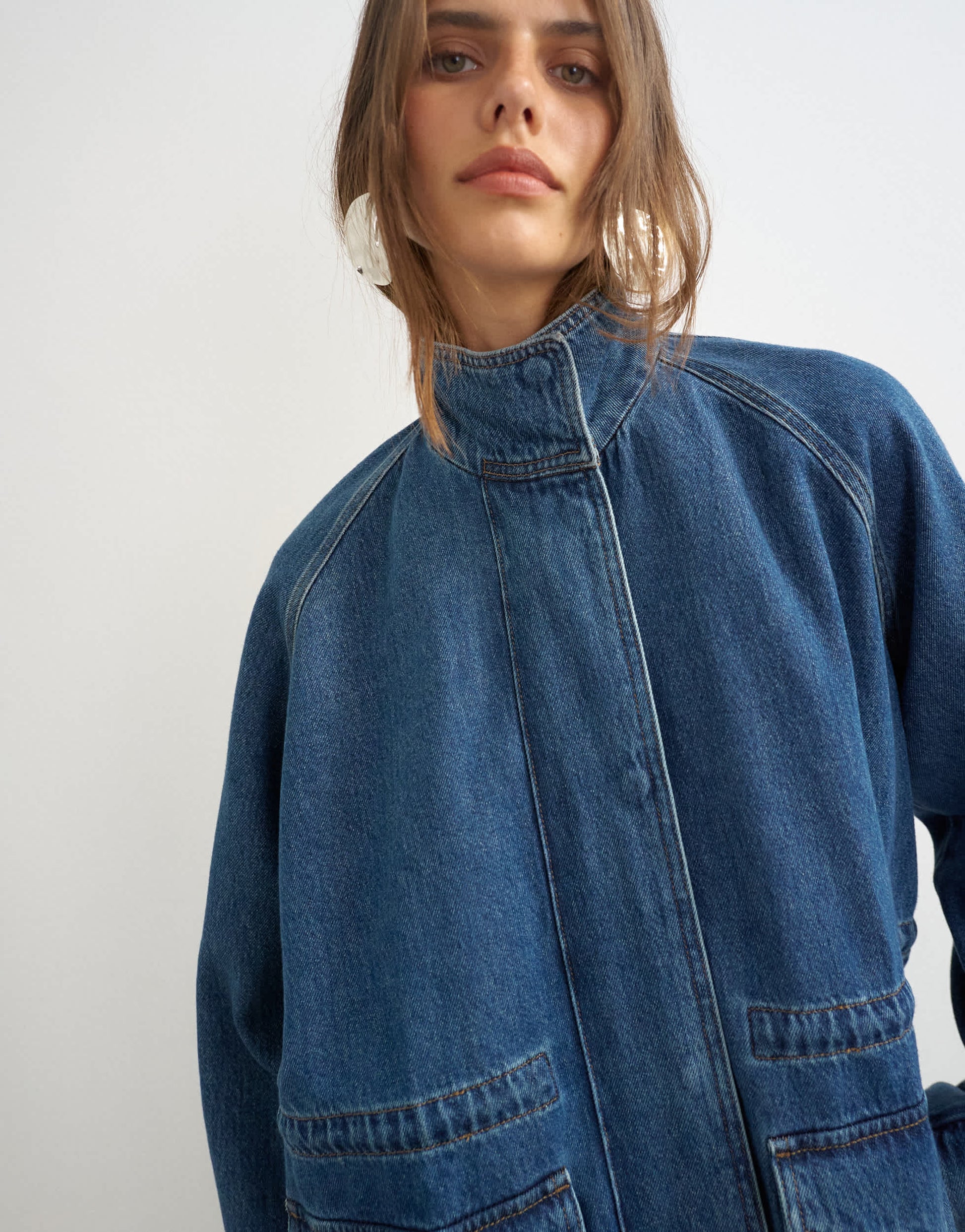 Topshop denim oversized jacket with elasticated waist detail in mid blue