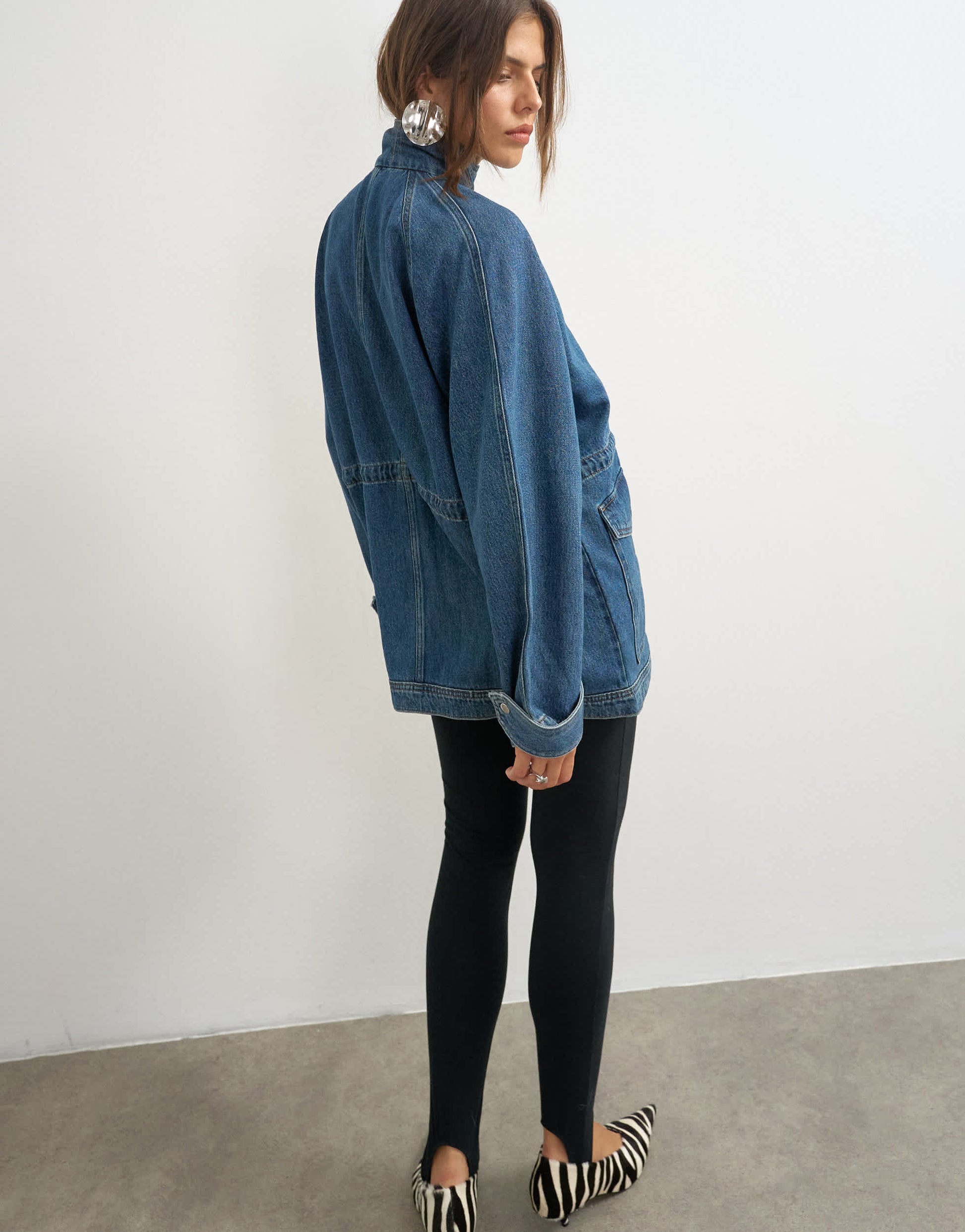 Topshop denim oversized jacket with elasticated waist detail in mid blue