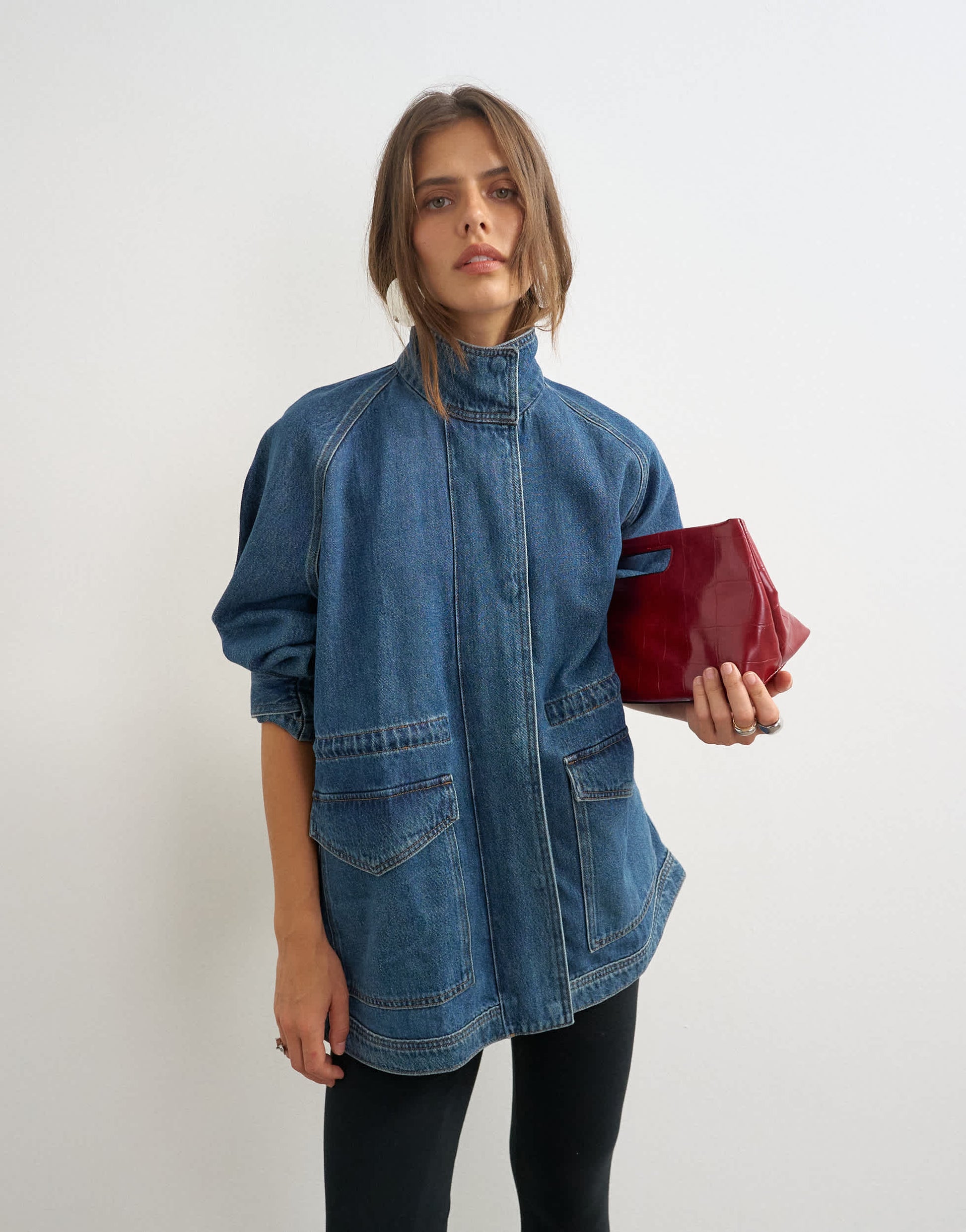 Topshop denim oversized jacket with elasticated waist detail in mid blue
