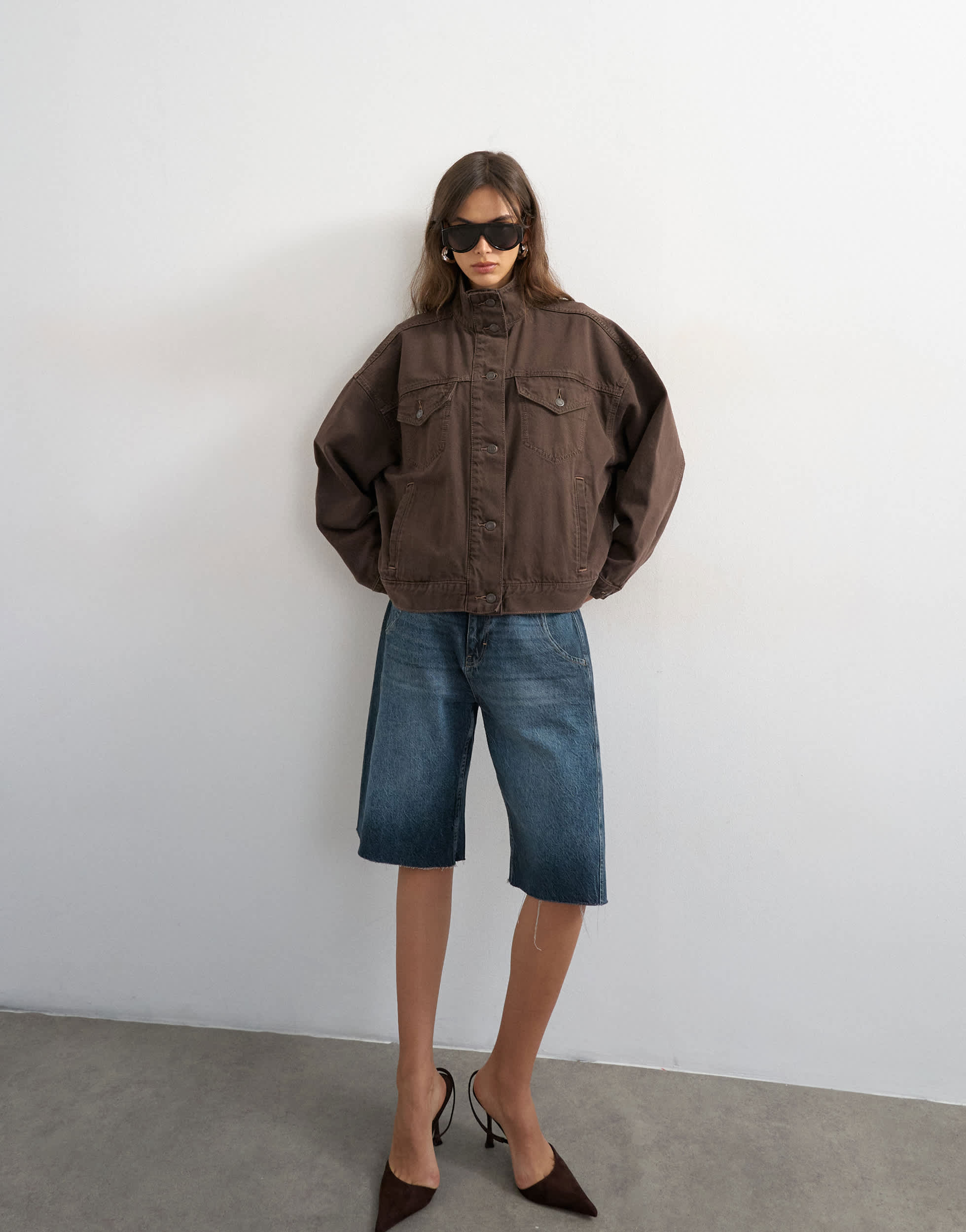 Topshop denim funnel neck jacket with waist detail in chocolate