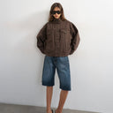 Topshop denim funnel neck jacket with waist detail in chocolate