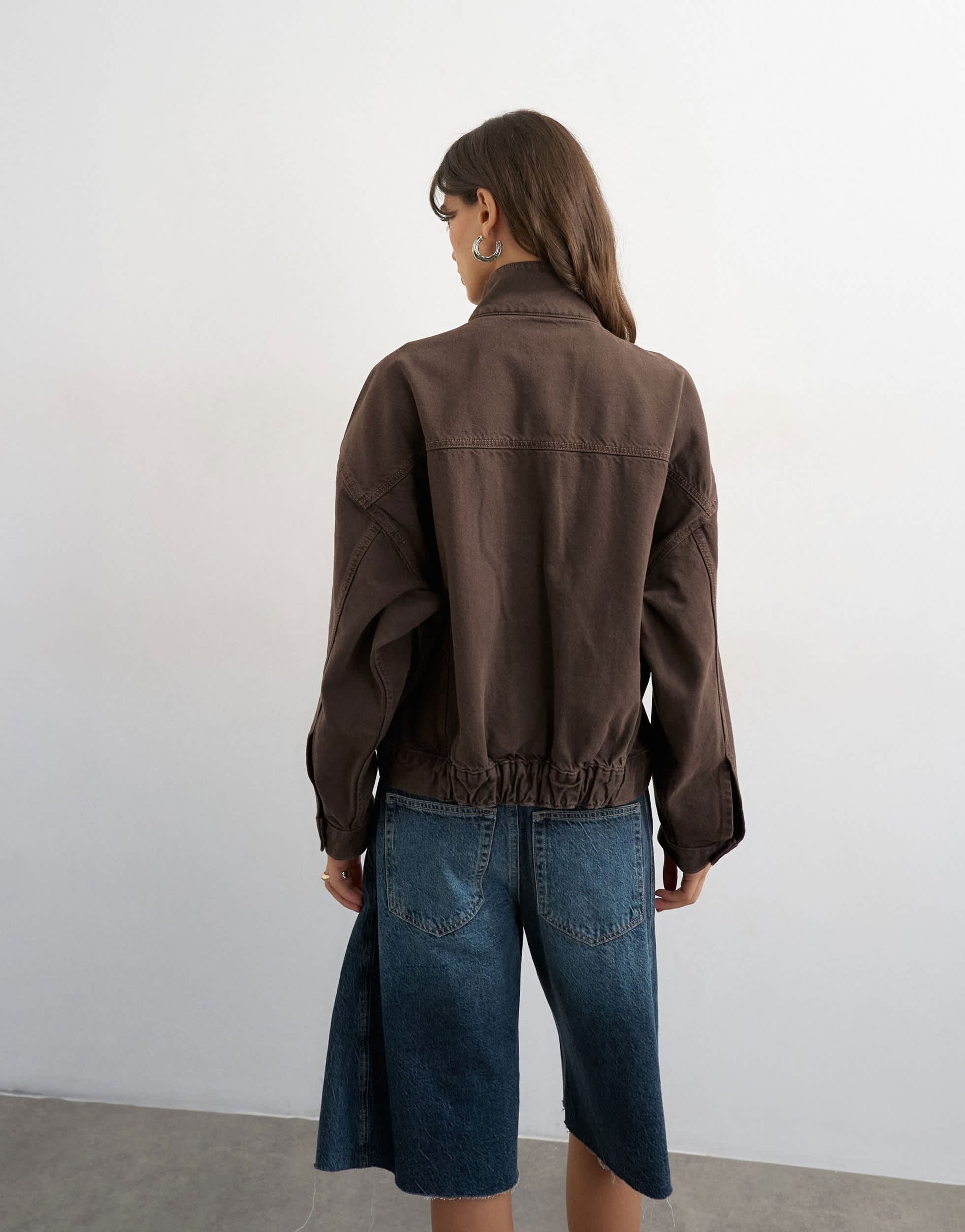 Topshop denim funnel neck jacket with waist detail in chocolate