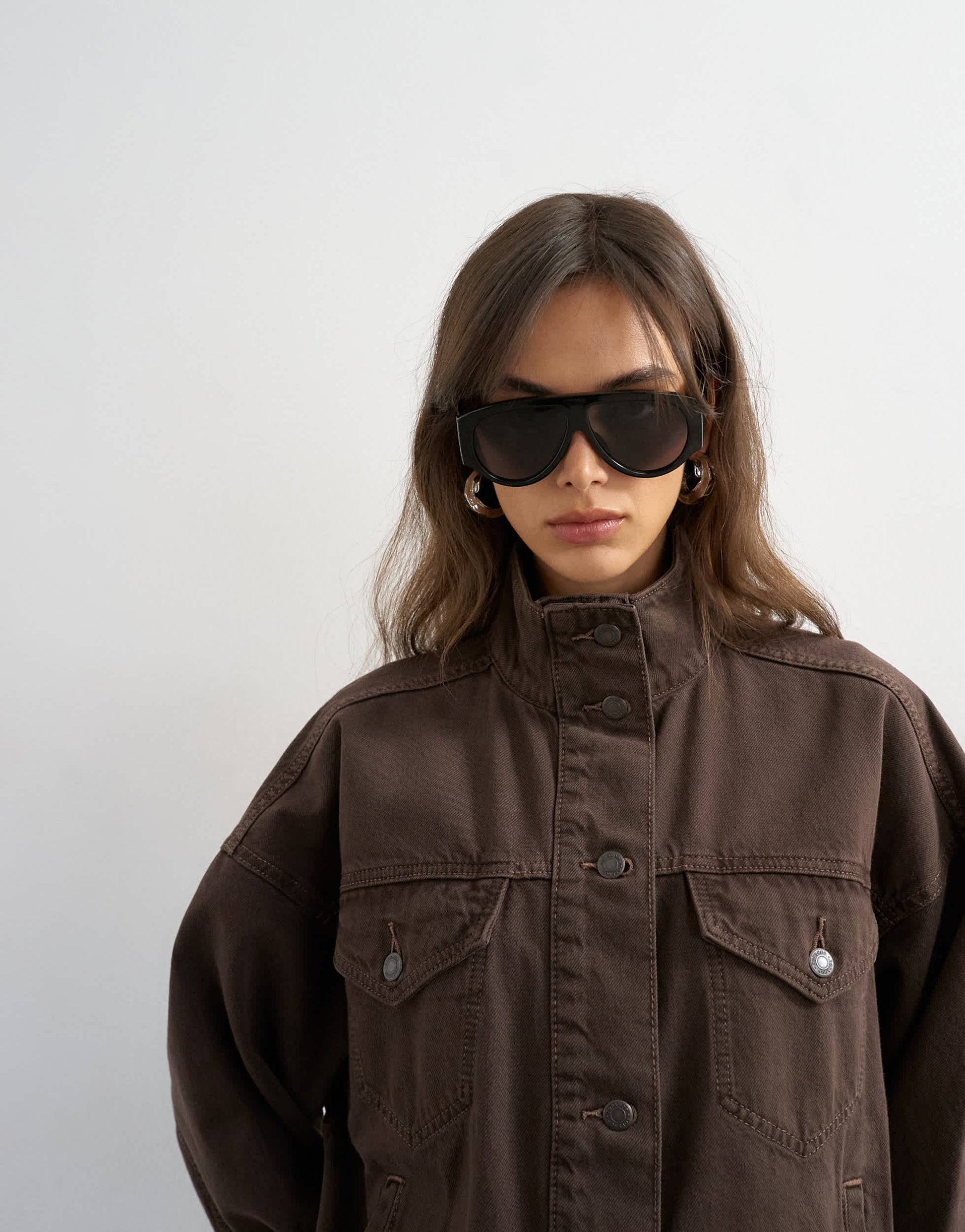 Topshop denim funnel neck jacket with waist detail in chocolate