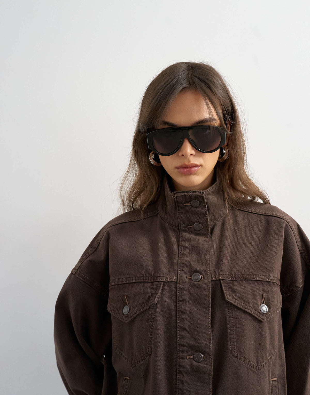 Topshop denim funnel neck jacket with waist detail in chocolate