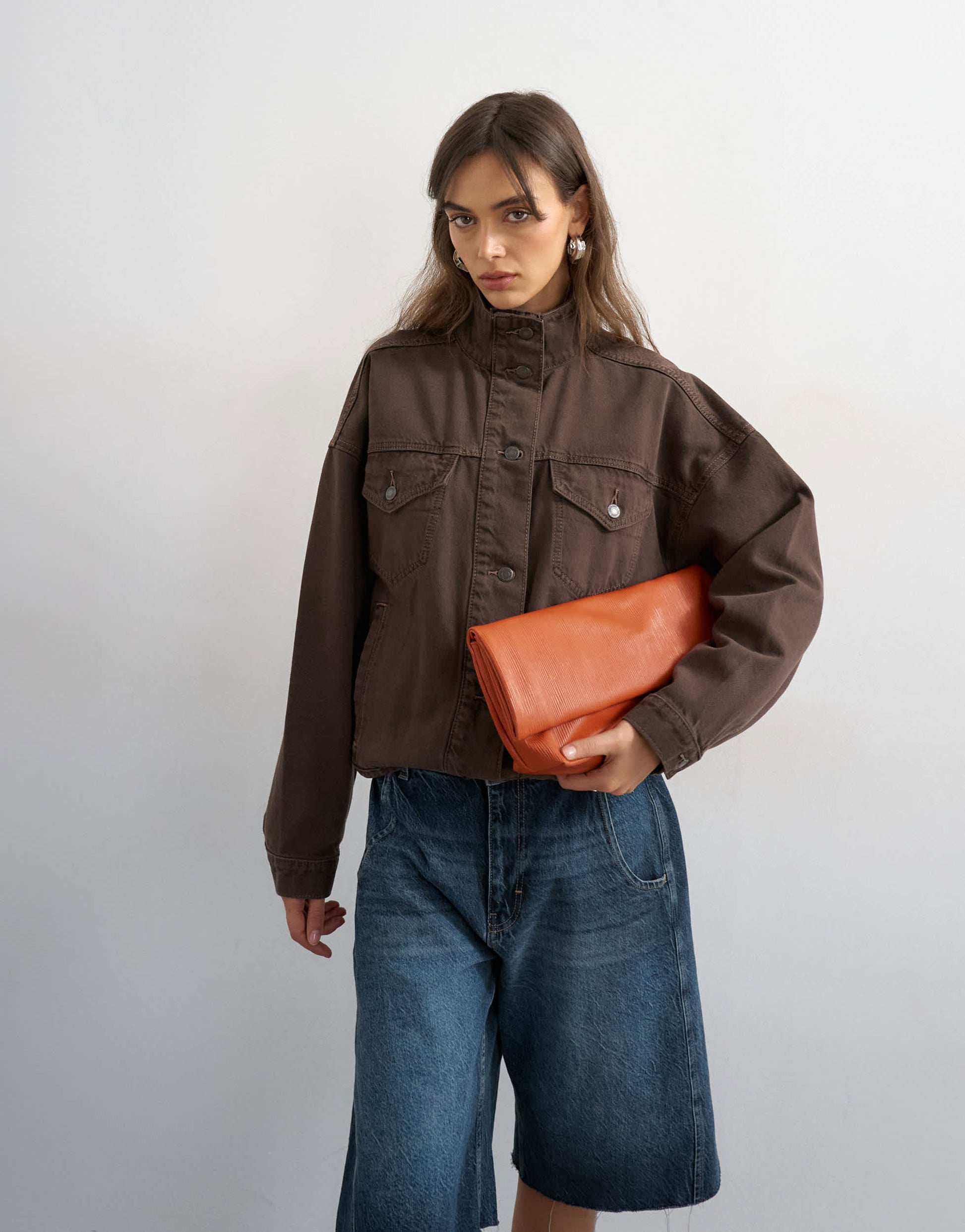 Topshop denim funnel neck jacket with waist detail in chocolate