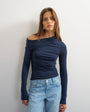 Topshop off shoulder ruched long sleeve top in navy