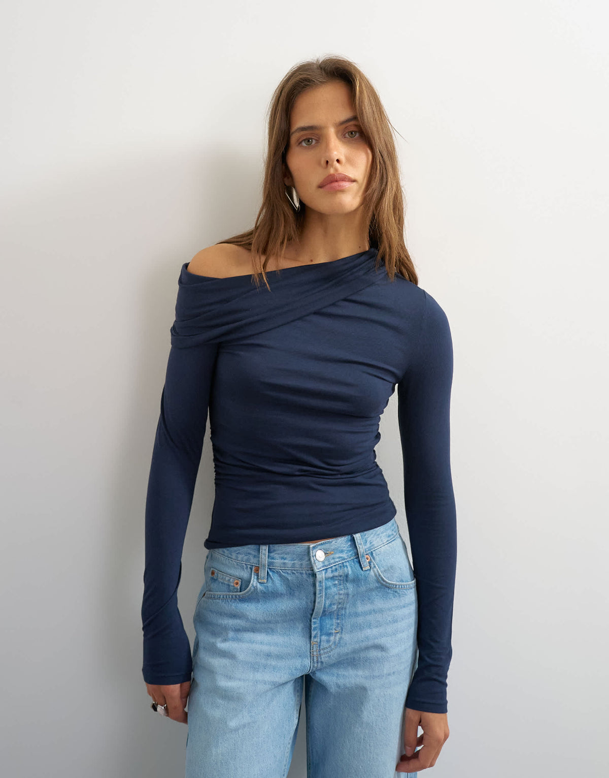 Topshop off shoulder ruched long sleeve top in navy
