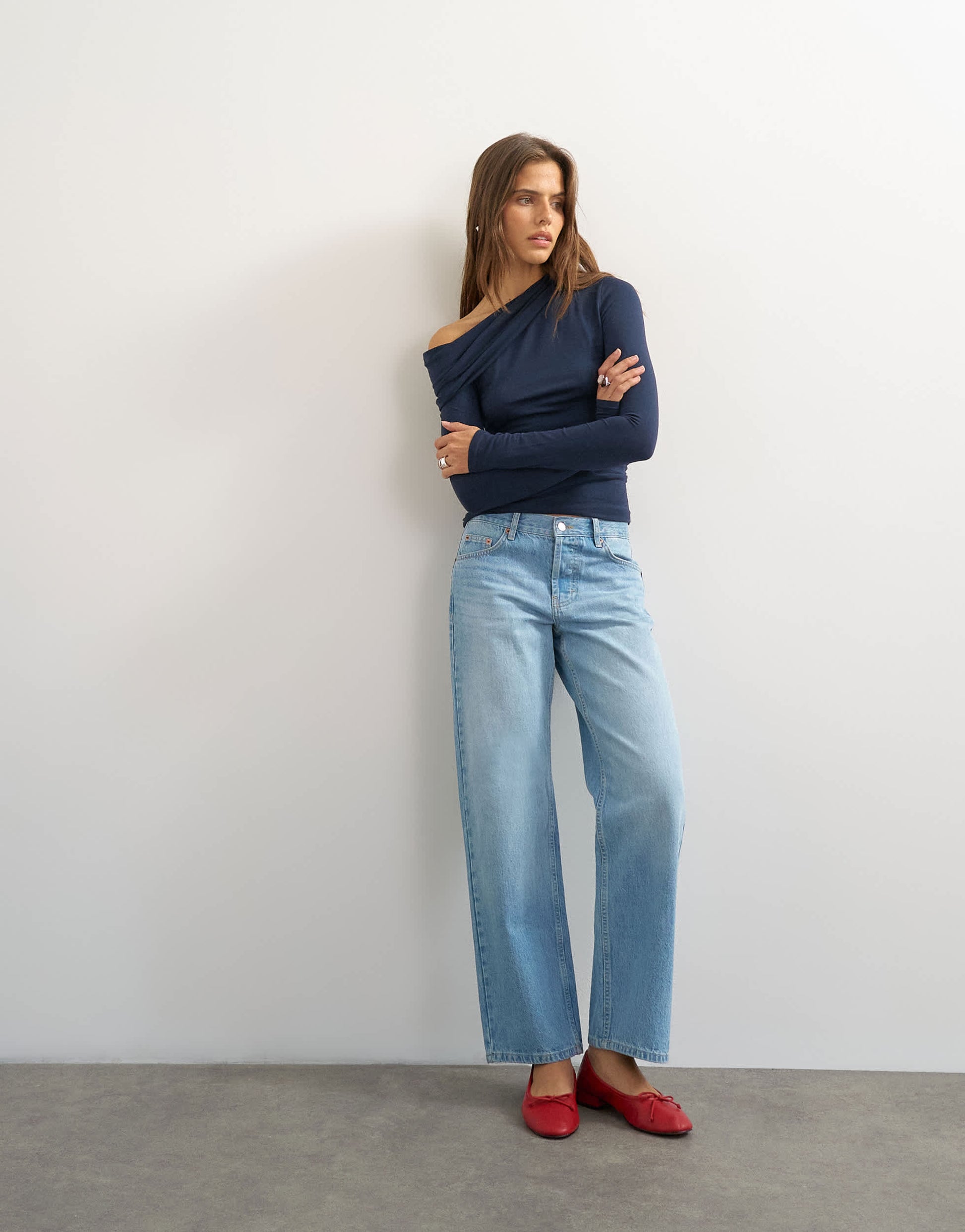 Topshop off shoulder ruched long sleeve top in navy