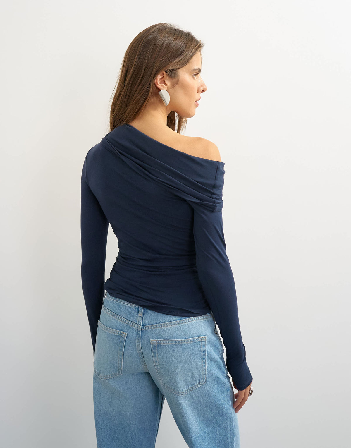 Topshop off shoulder ruched long sleeve top in navy