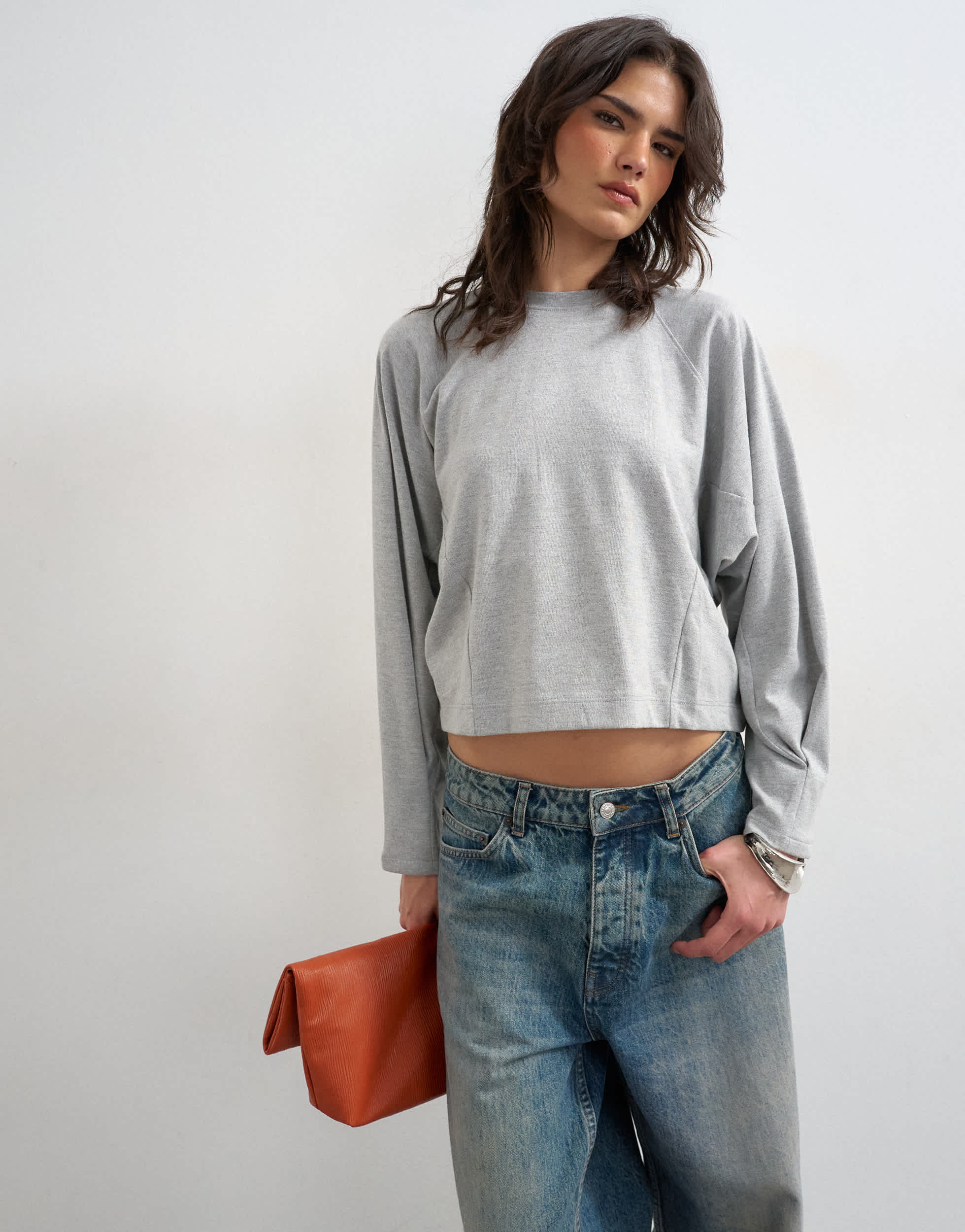 Topshop Raglan-Oberteil mit gerafften Ärmelbündchen und langen Ärmeln in Grau meliert