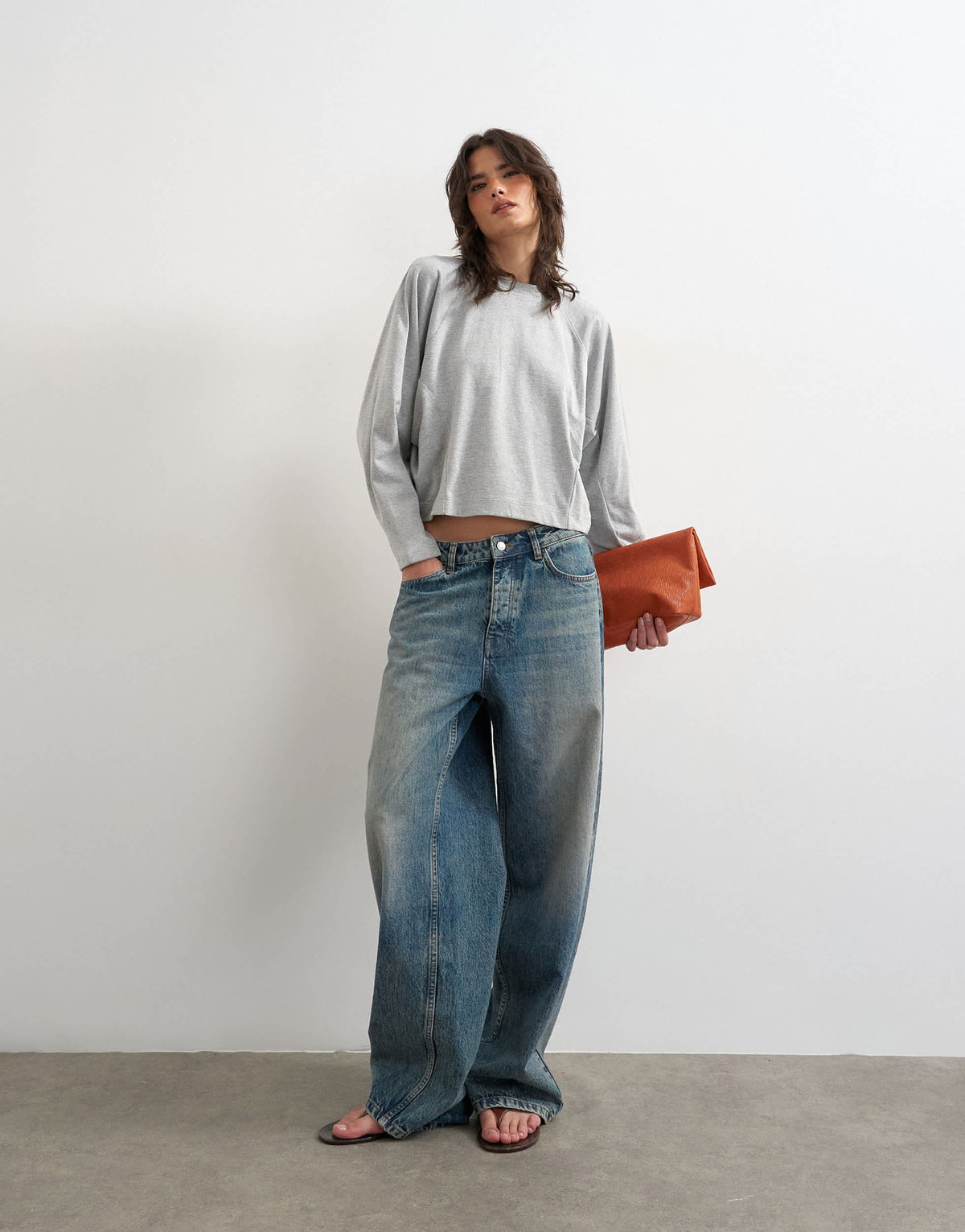 Topshop raglan cinch cuff long sleeve top in grey marl