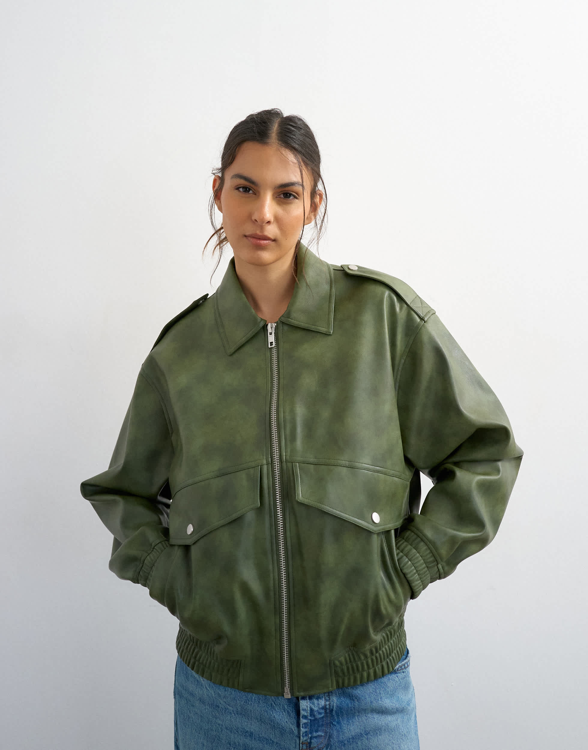 Topshop faux leather cropped bomber jacket with patch pocket in washed green