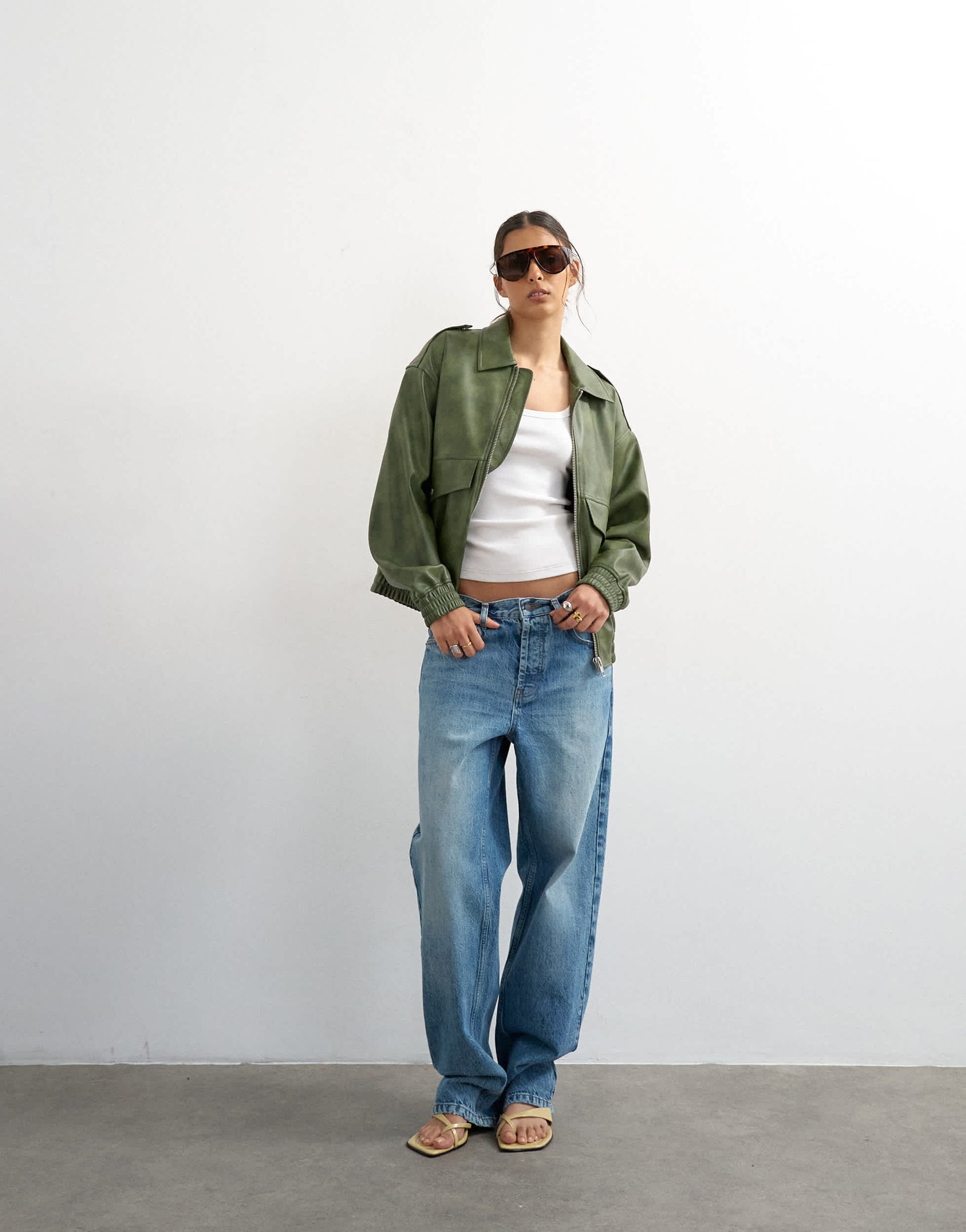 Topshop faux leather cropped bomber jacket with patch pocket in washed green